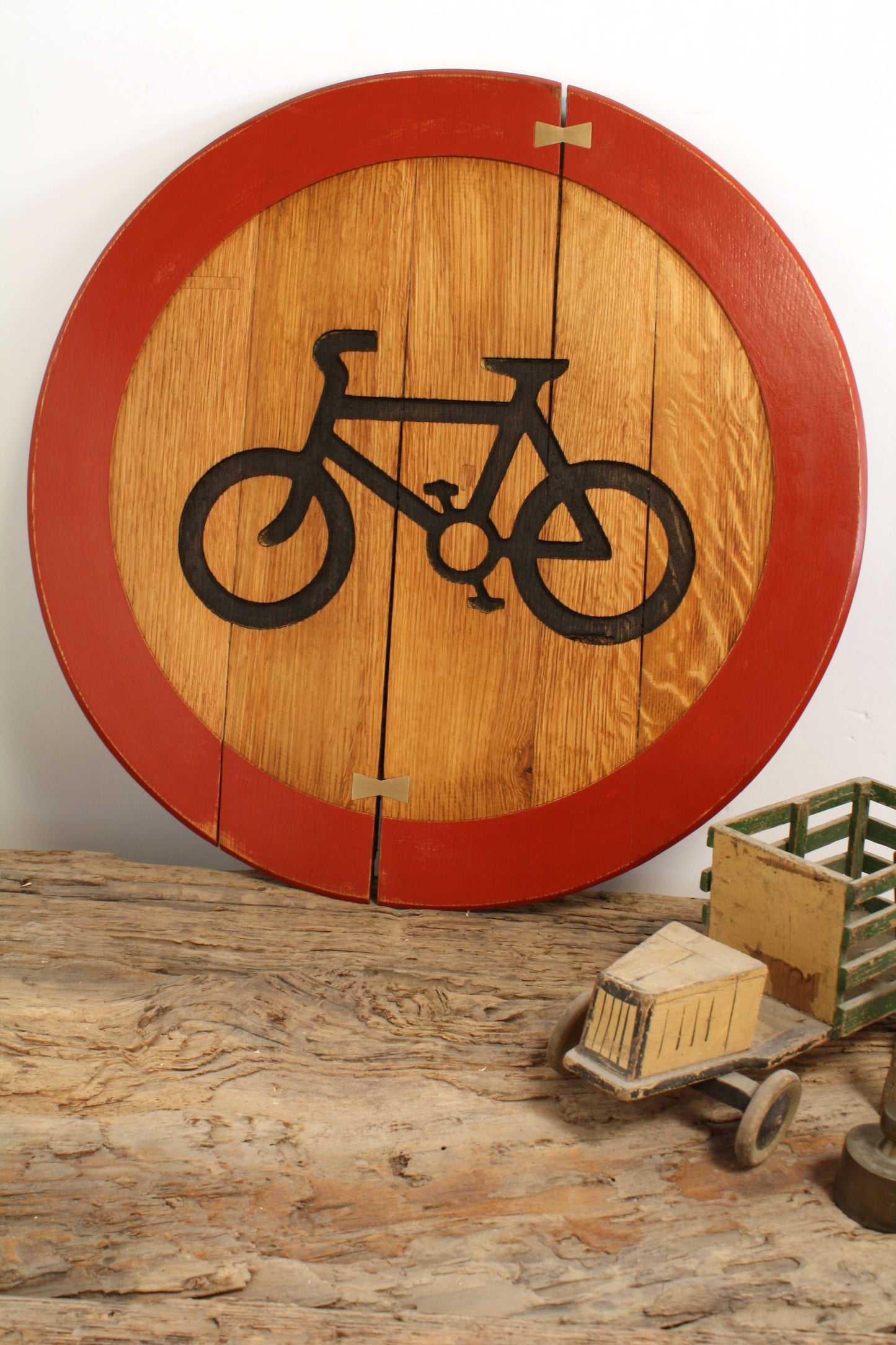 Rustic Oak Bike Wall Art Road Sign - Handmade Road Sign for Cyclists