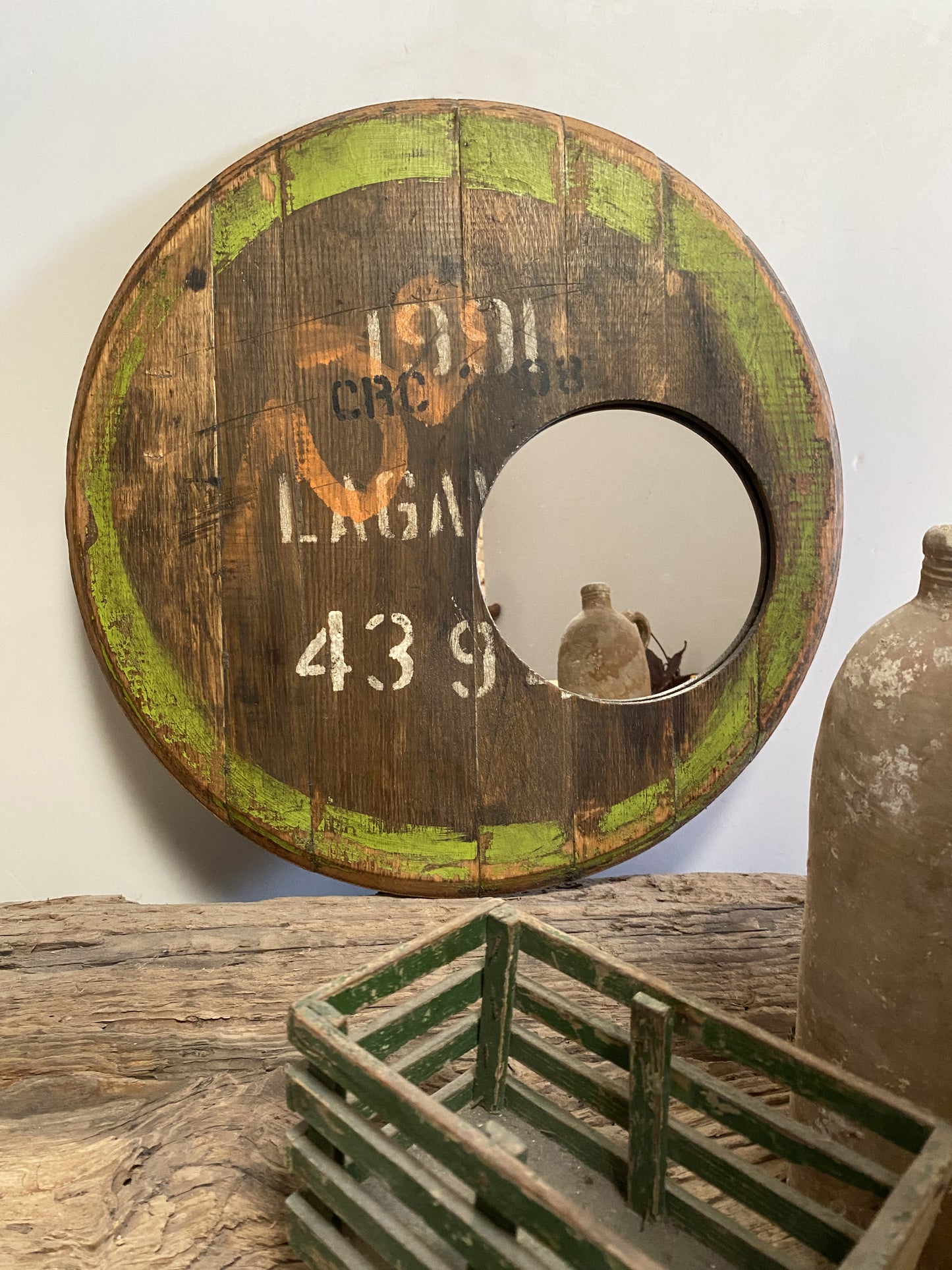 Vintage Whisky Barrel Lid Wall Mirror