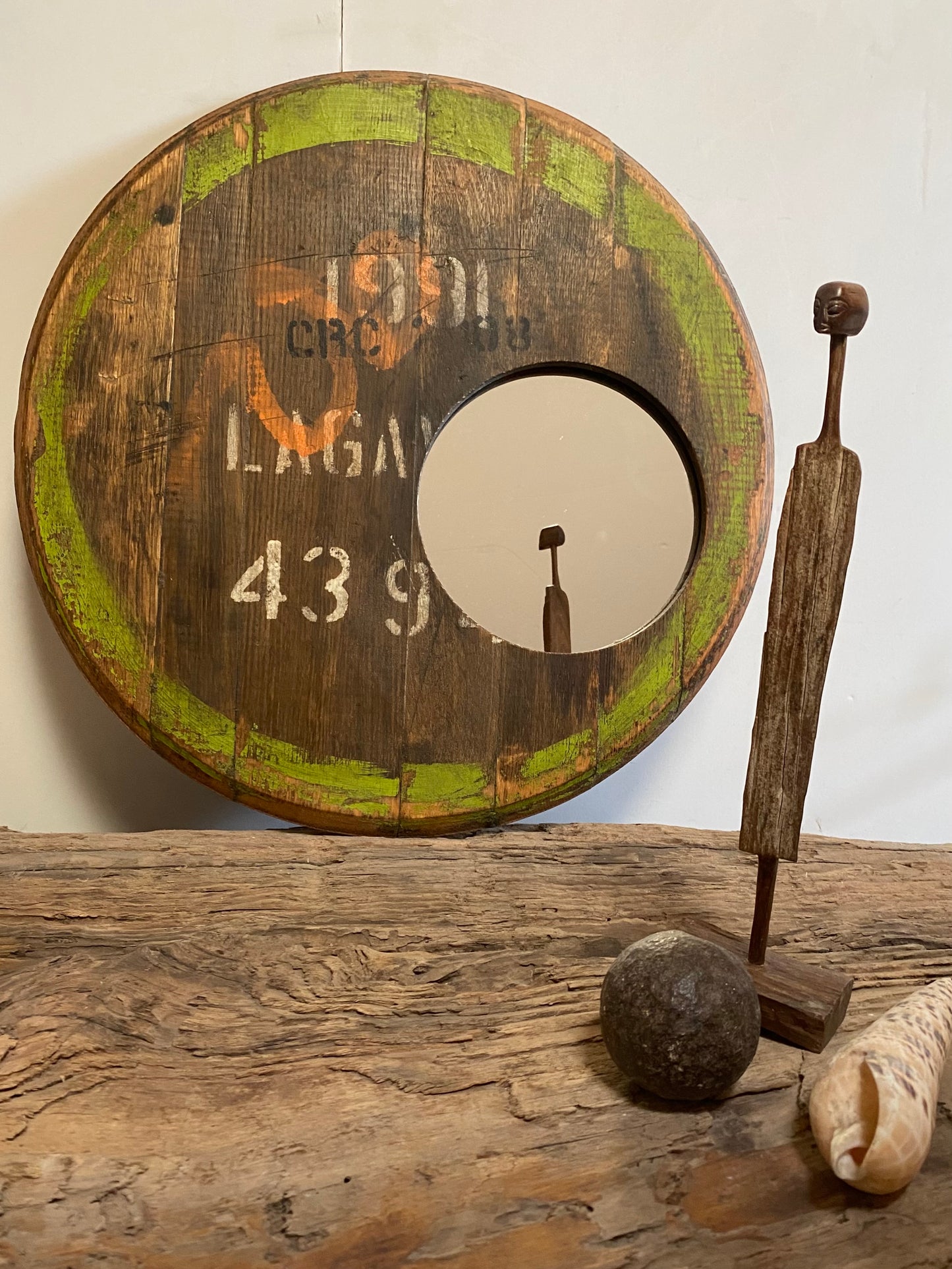 Vintage Whisky Barrel Lid Wall Mirror