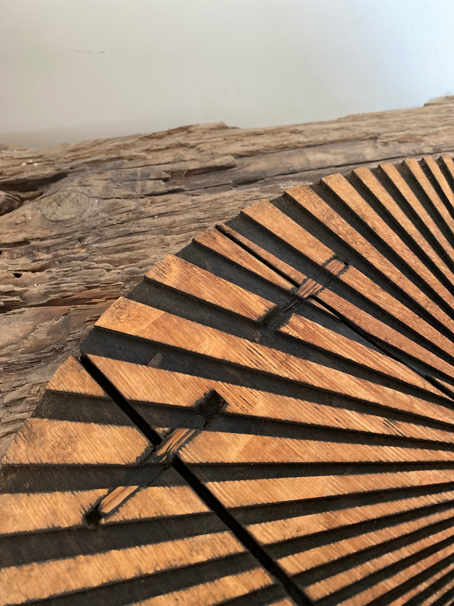 Modern Rustic Oak Wall Art Mirror with Geometric Design