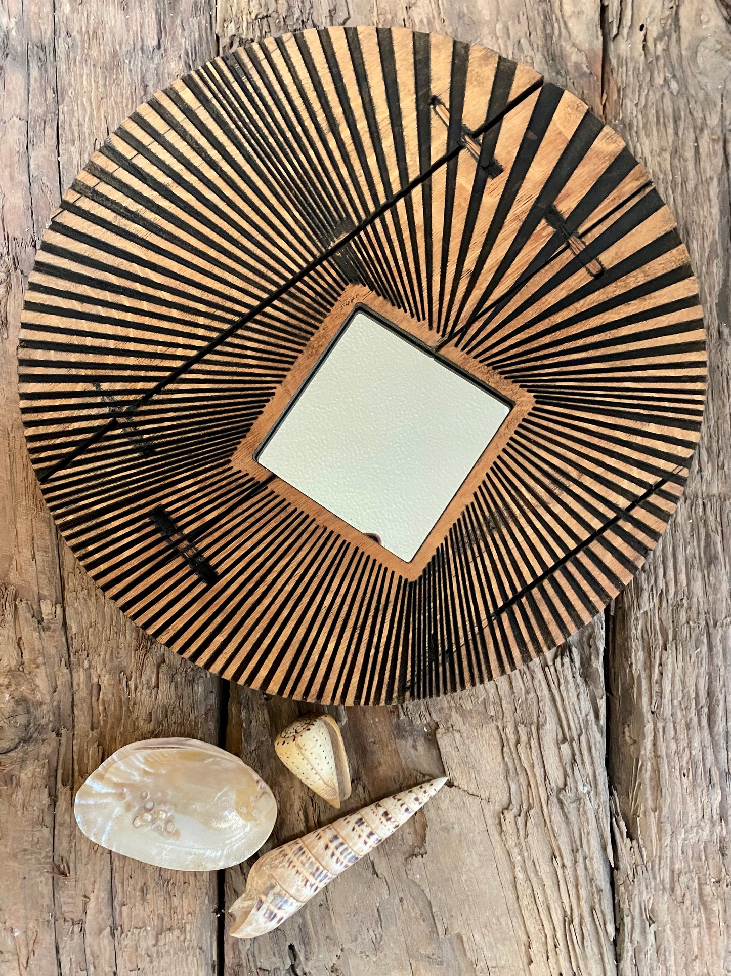 Modern Rustic Oak Wall Art Mirror with Geometric Design