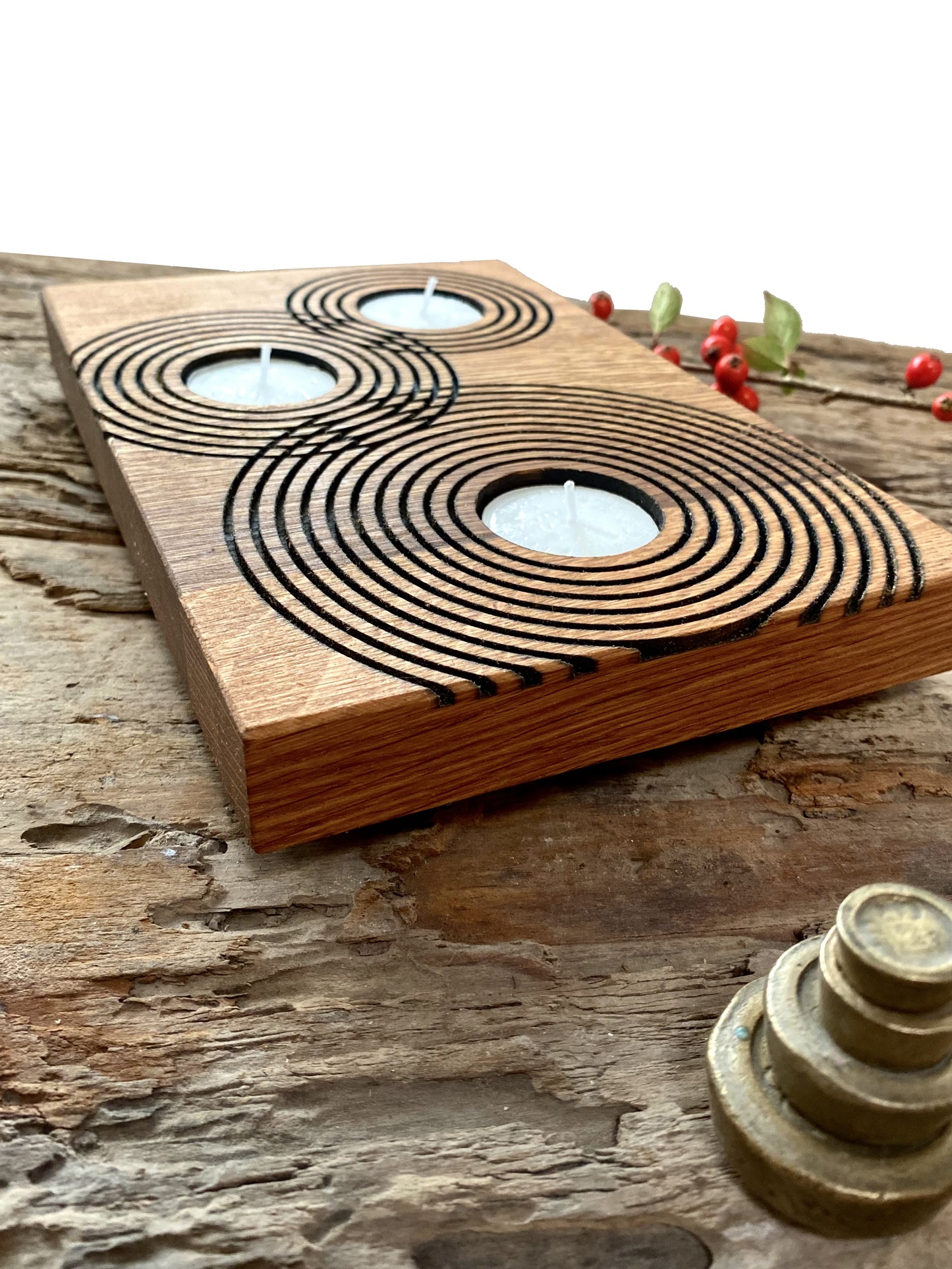 Rustic Reclaimed Oak Candle Holder | Handcrafted Geometric Ripple Design