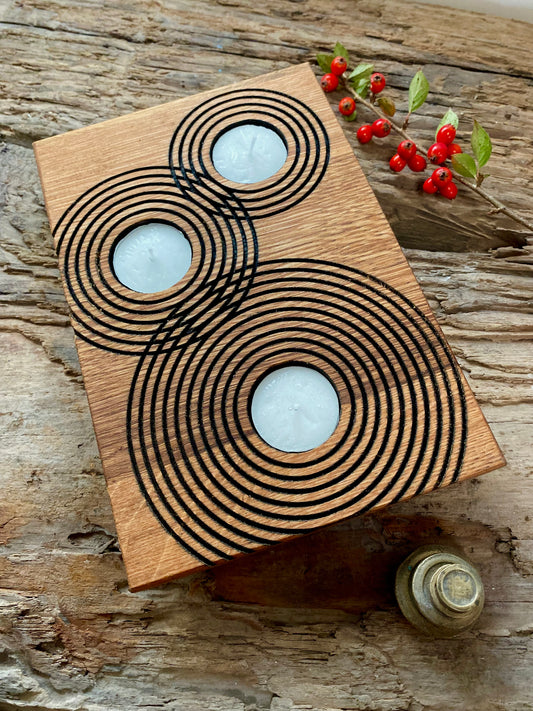 Rustic Reclaimed Oak Candle Holder | Handcrafted Geometric Ripple Design