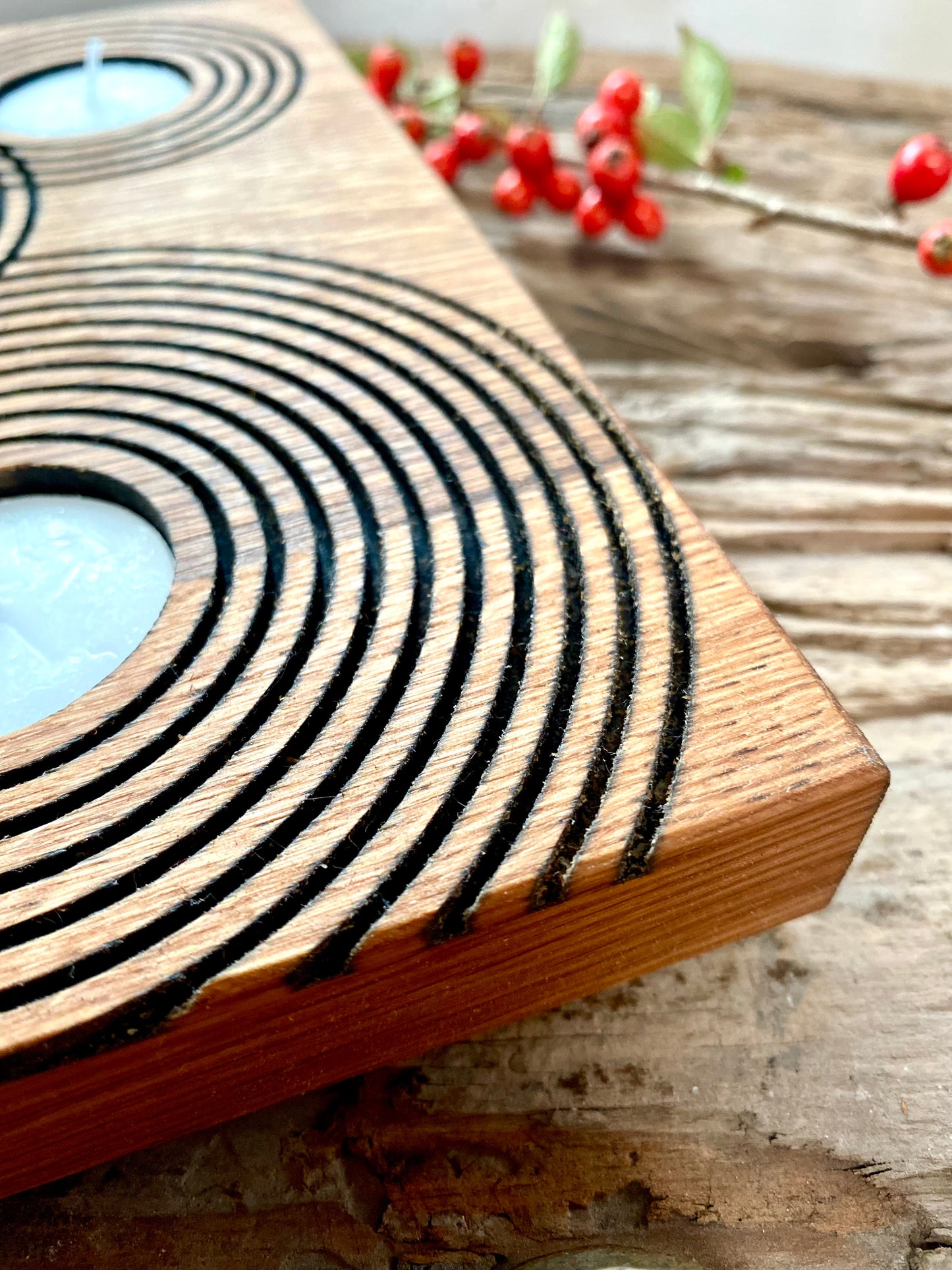 Rustic Reclaimed Oak Candle Holder | Handcrafted Geometric Ripple Design