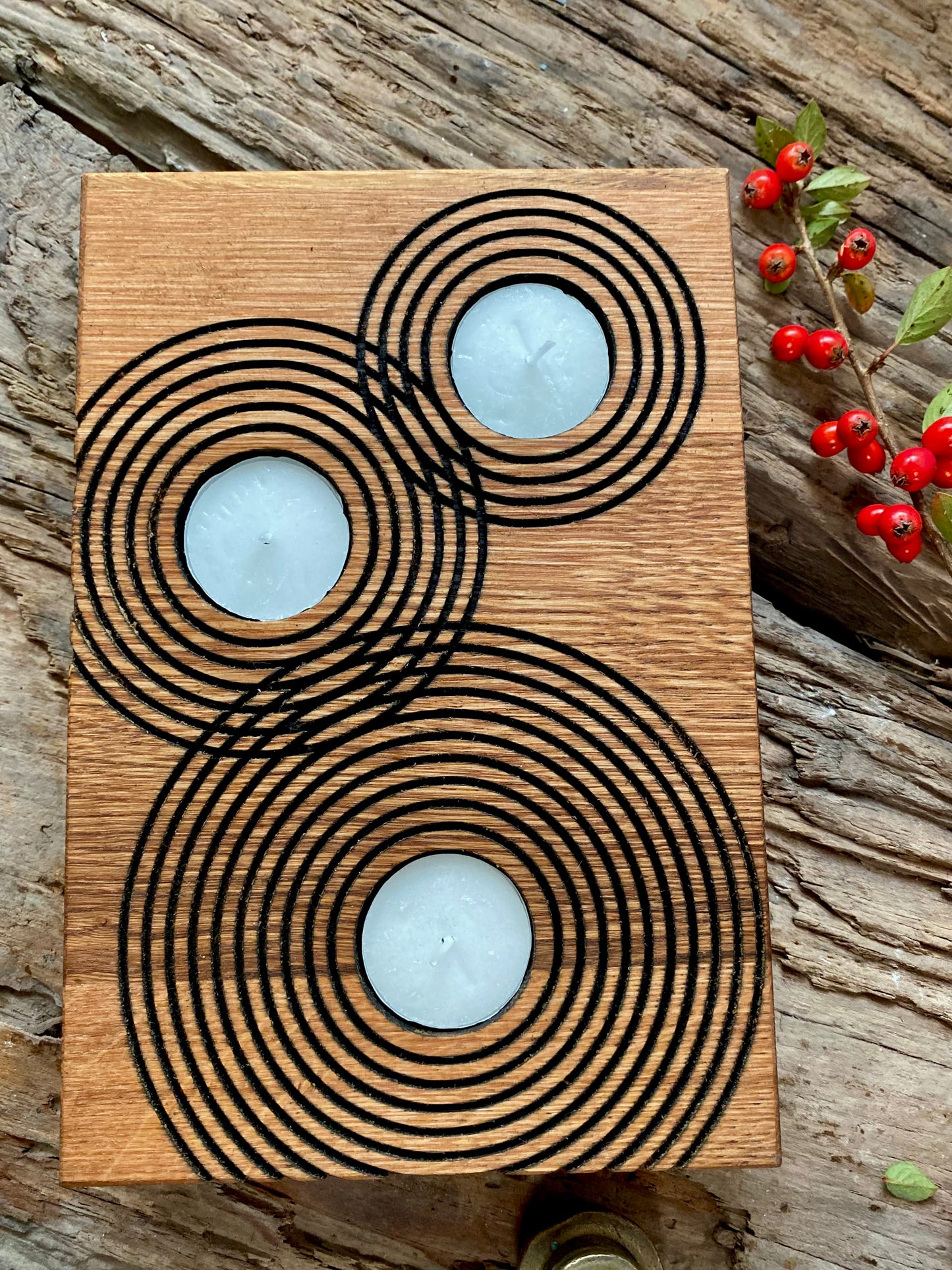 Rustic Reclaimed Oak Candle Holder | Handcrafted Geometric Ripple Design