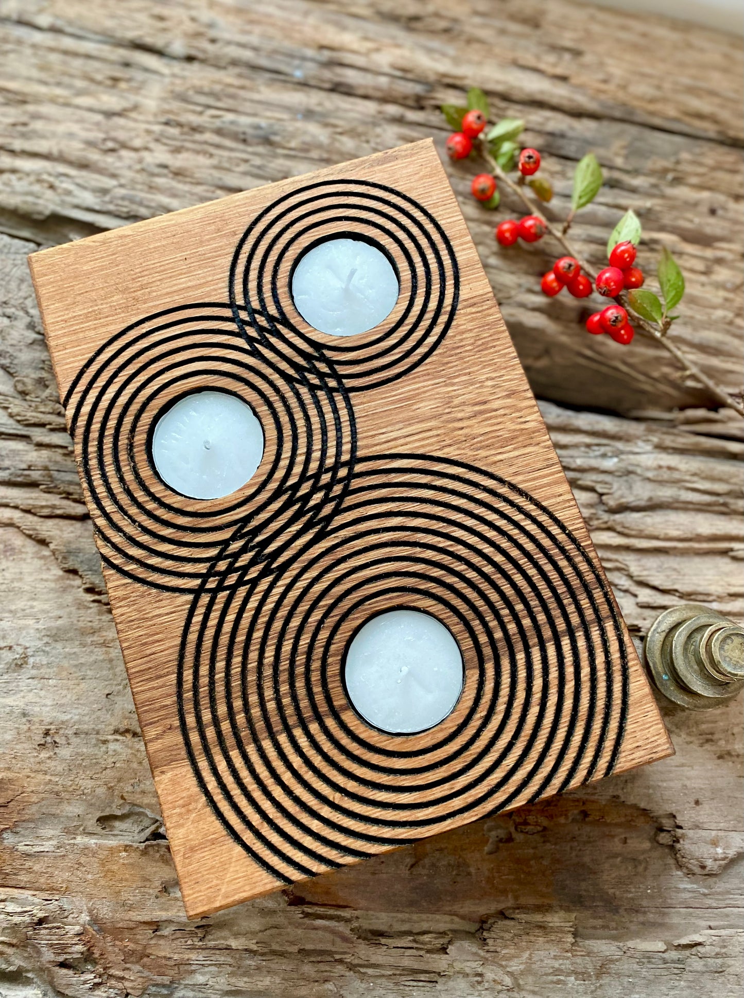 Rustic Reclaimed Oak Candle Holder | Handcrafted Geometric Ripple Design
