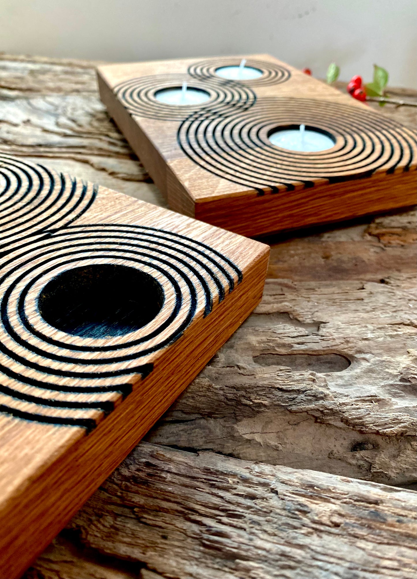 Rustic Reclaimed Oak Candle Holder | Handcrafted Geometric Ripple Design