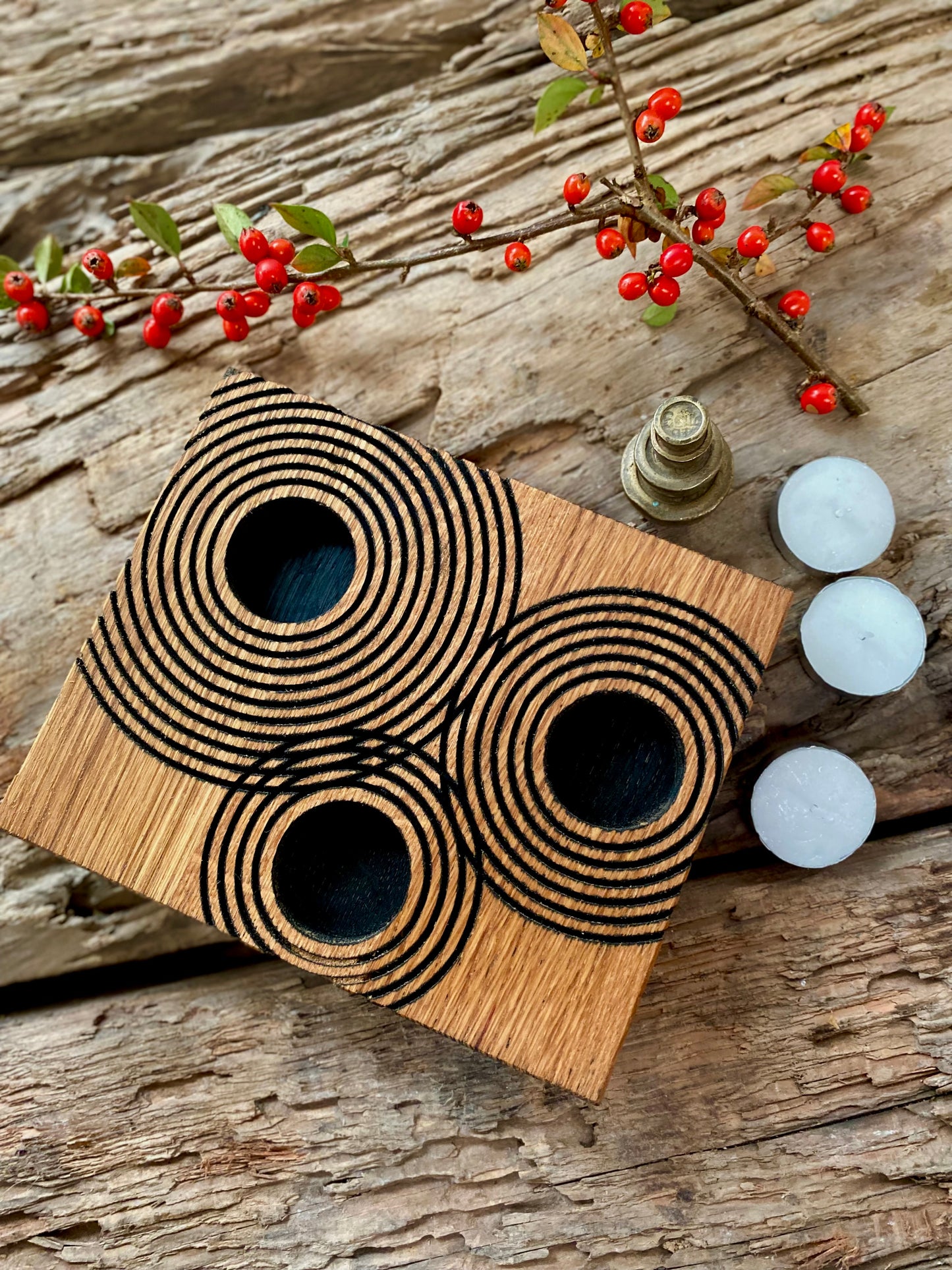 Rustic Reclaimed Oak Candle Holder | Handcrafted Geometric Ripple Design