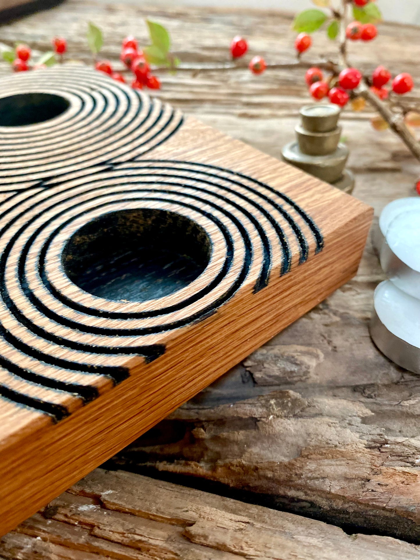 Rustic Reclaimed Oak Candle Holder | Handcrafted Geometric Ripple Design