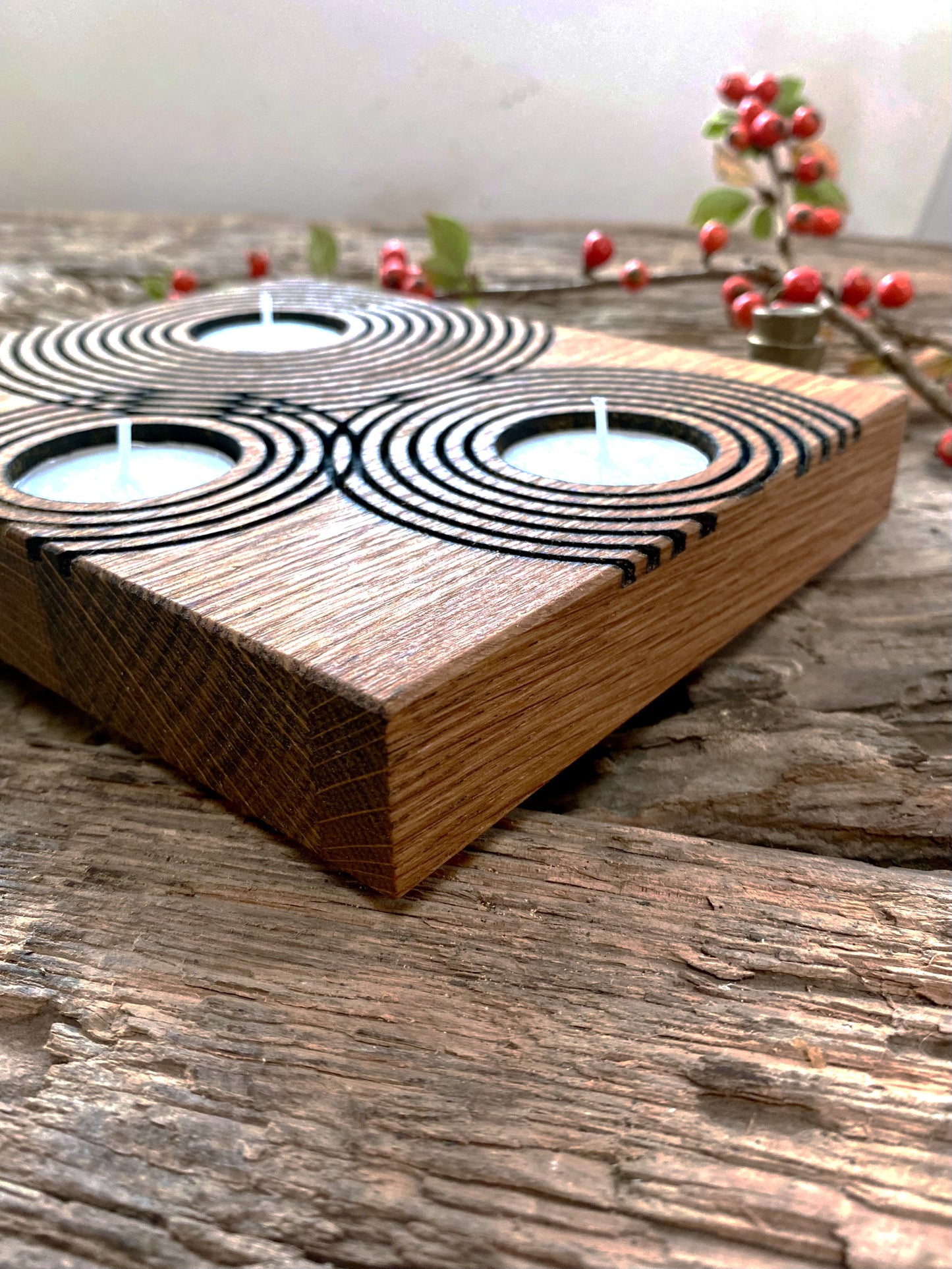 Rustic Reclaimed Oak Candle Holder | Handcrafted Geometric Ripple Design