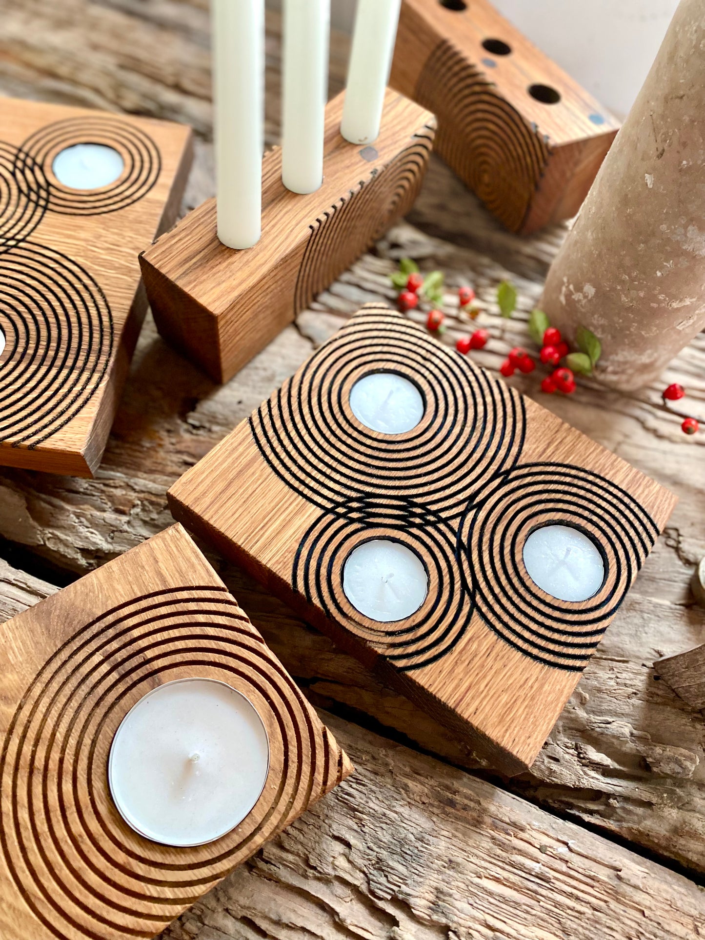 Modern Geometric Candle Holder in Reclaimed Oak