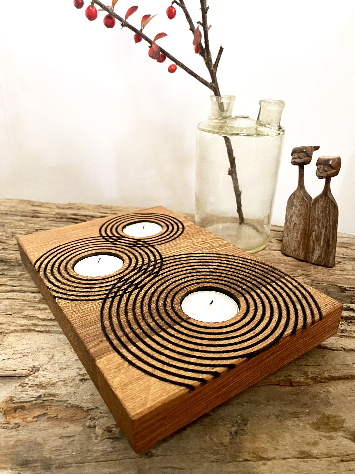 Rustic Reclaimed Oak Candle Holder | Handcrafted Geometric Ripple Design