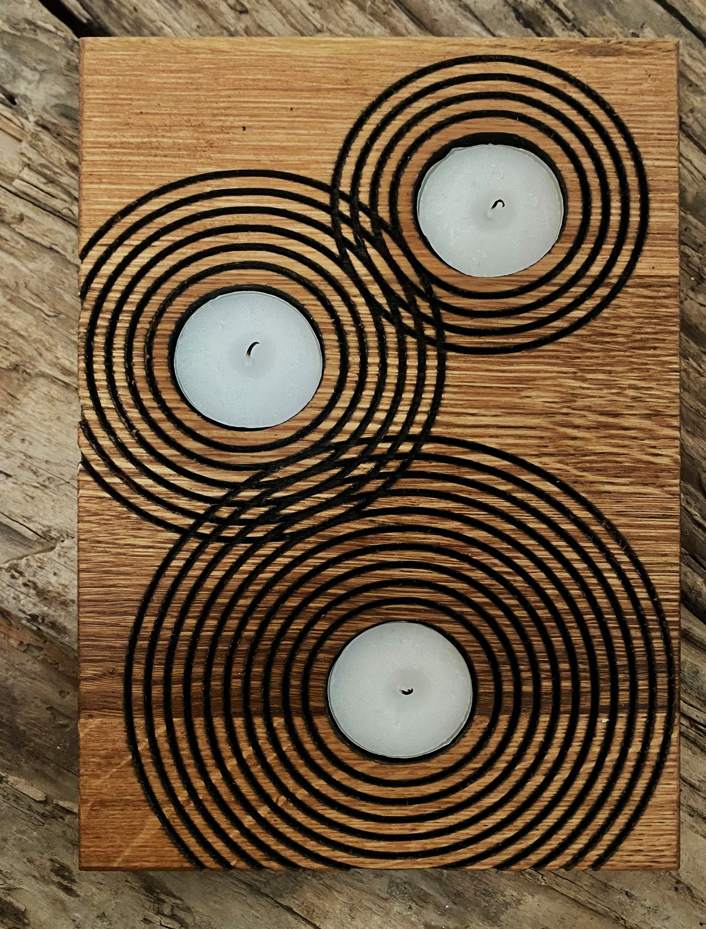 Rustic Reclaimed Oak Candle Holder | Handcrafted Geometric Ripple Design