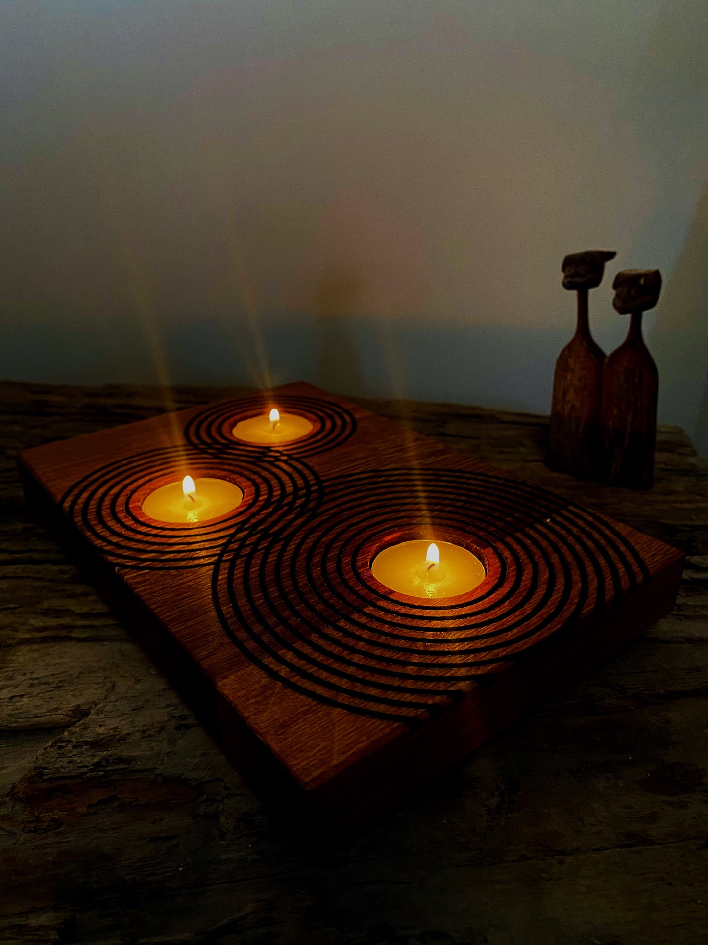 Rustic Reclaimed Oak Candle Holder | Handcrafted Geometric Ripple Design