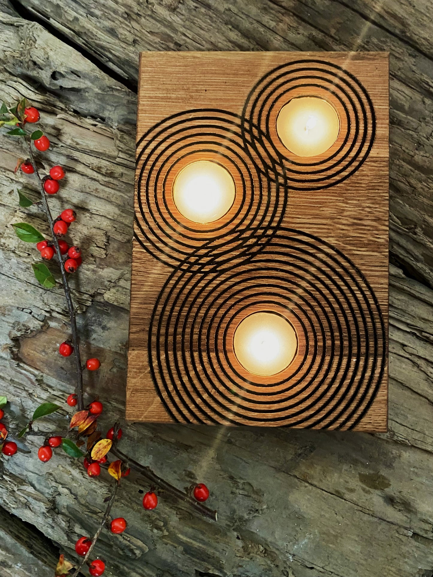 Rustic Reclaimed Oak Candle Holder | Handcrafted Geometric Ripple Design