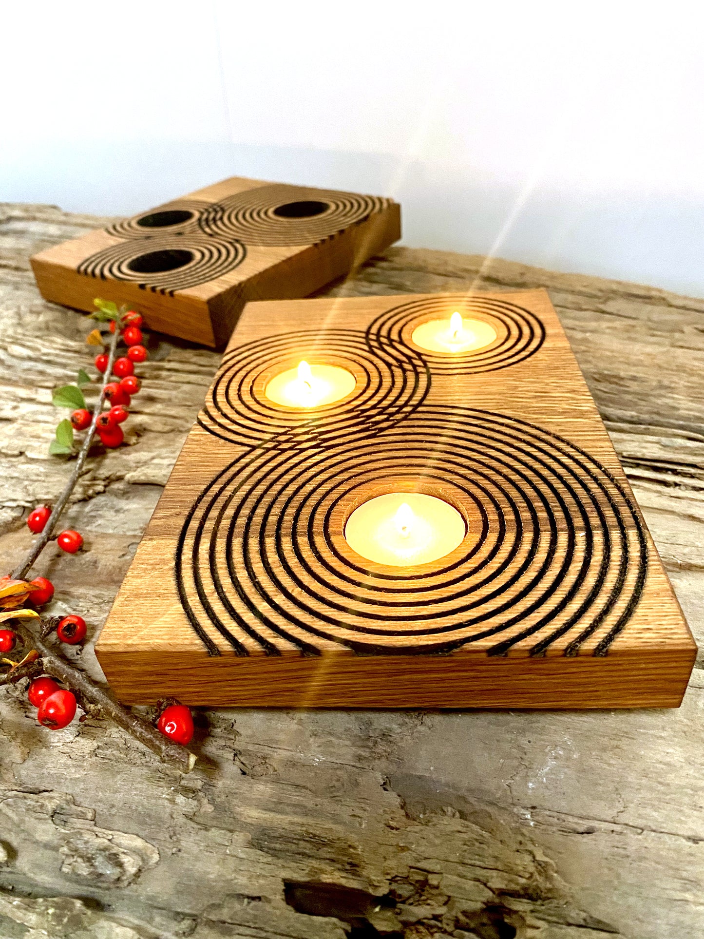 Rustic Reclaimed Oak Candle Holder | Handcrafted Geometric Ripple Design