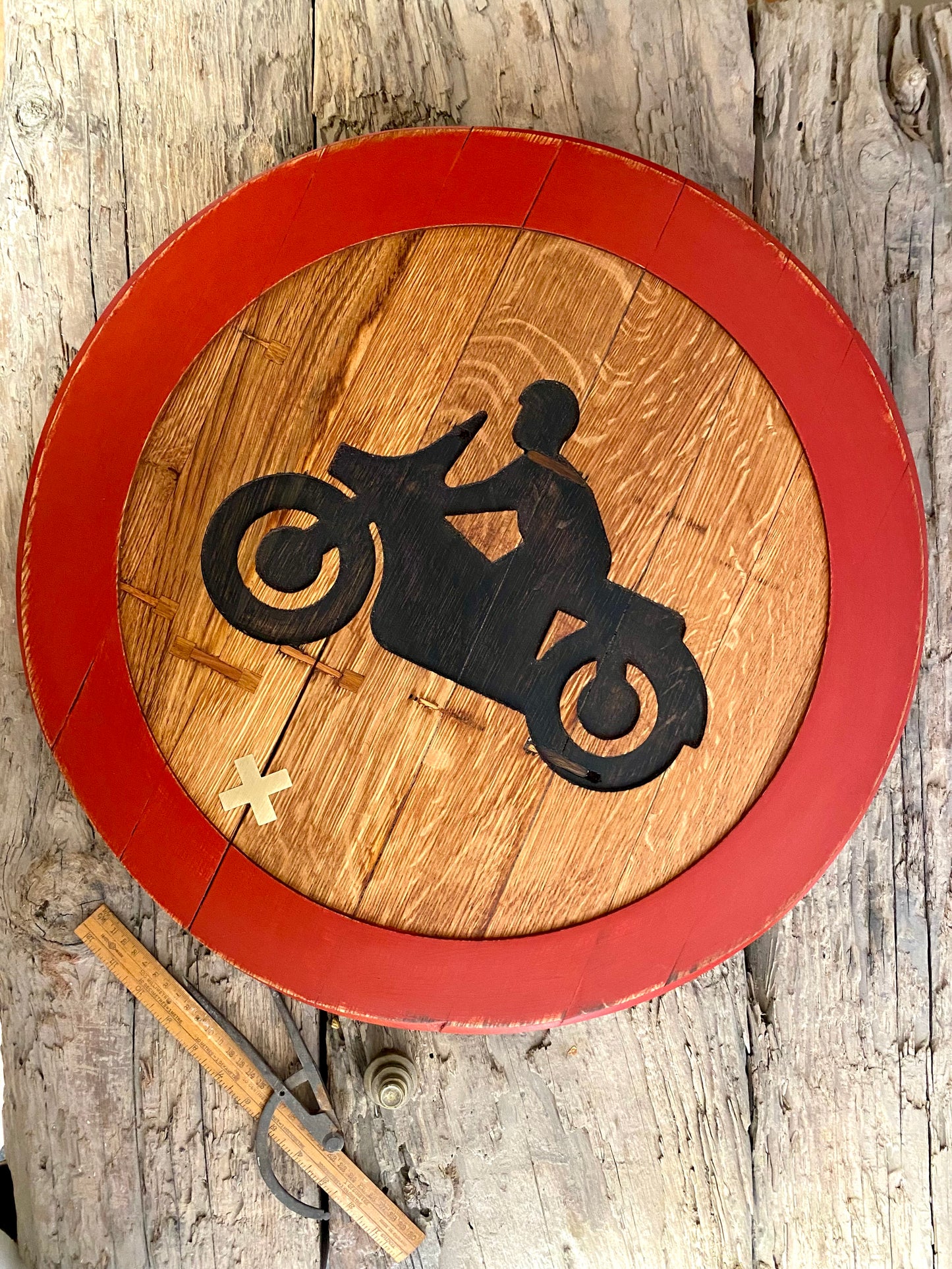 Rustic Oak Wall Art Road Sign - Motorbike