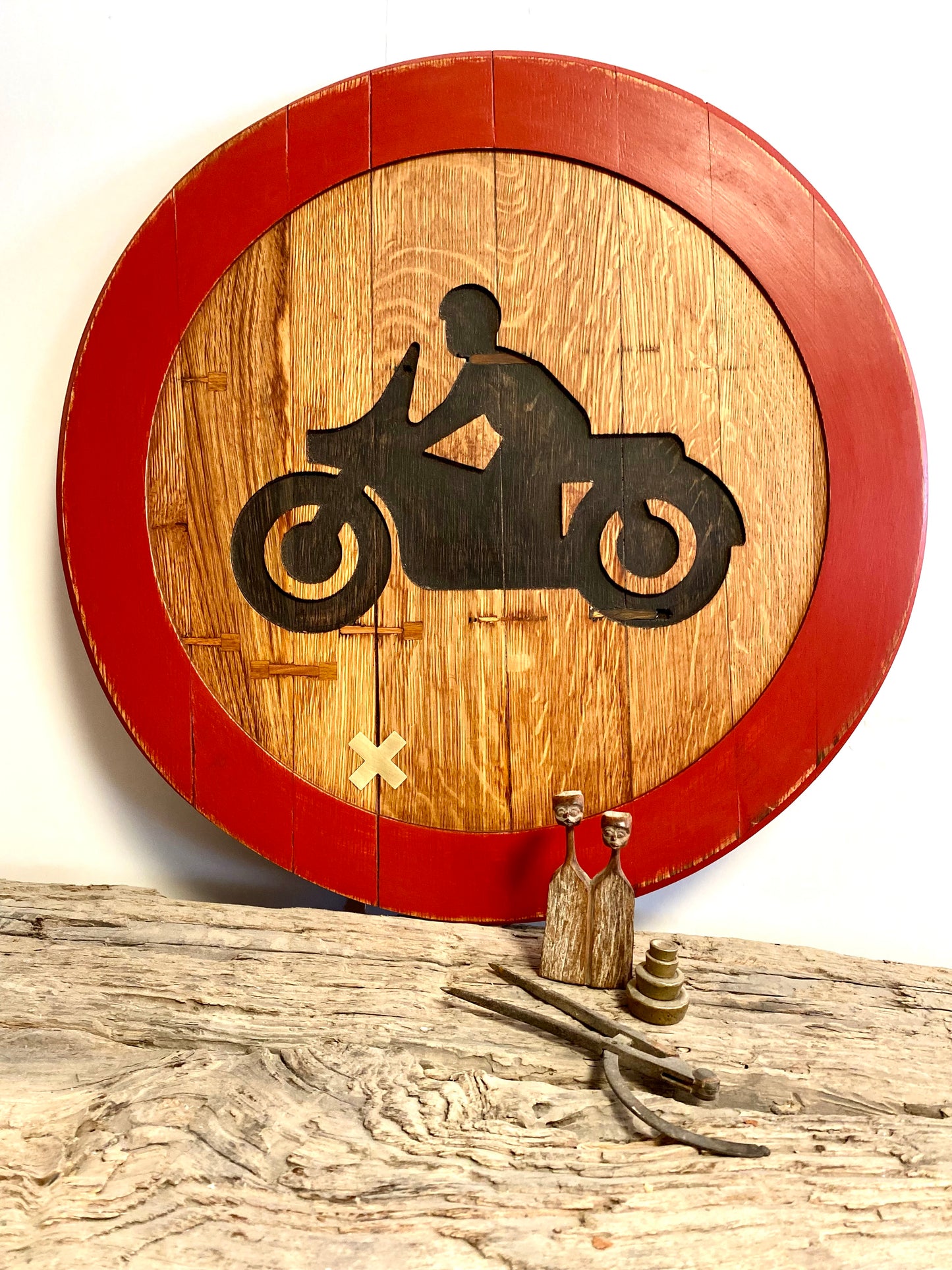 Rustic Oak Wall Art Road Sign - Motorbike