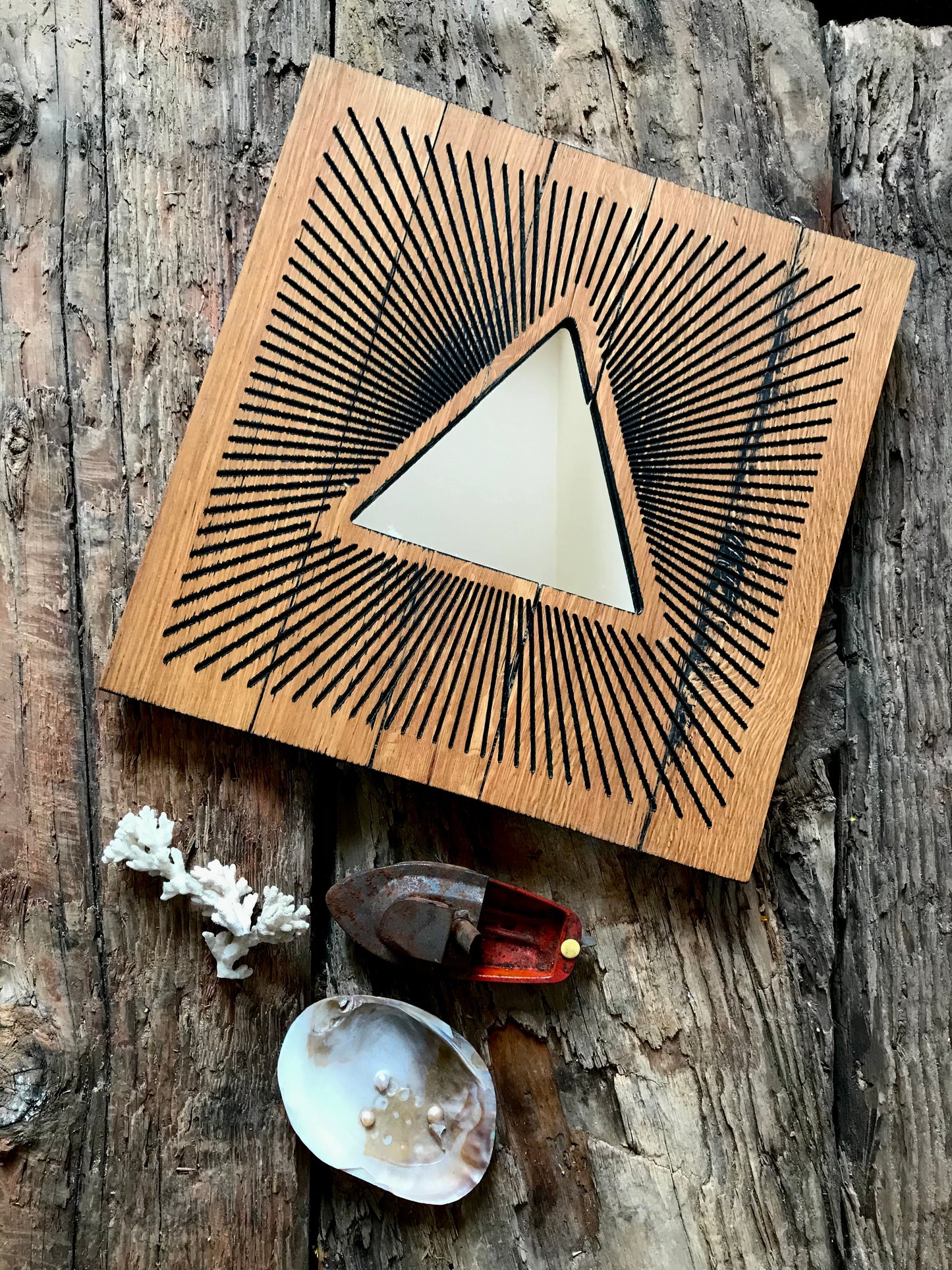 Reclaimed Oak Statement Wall Mirror - Triangle Starburst