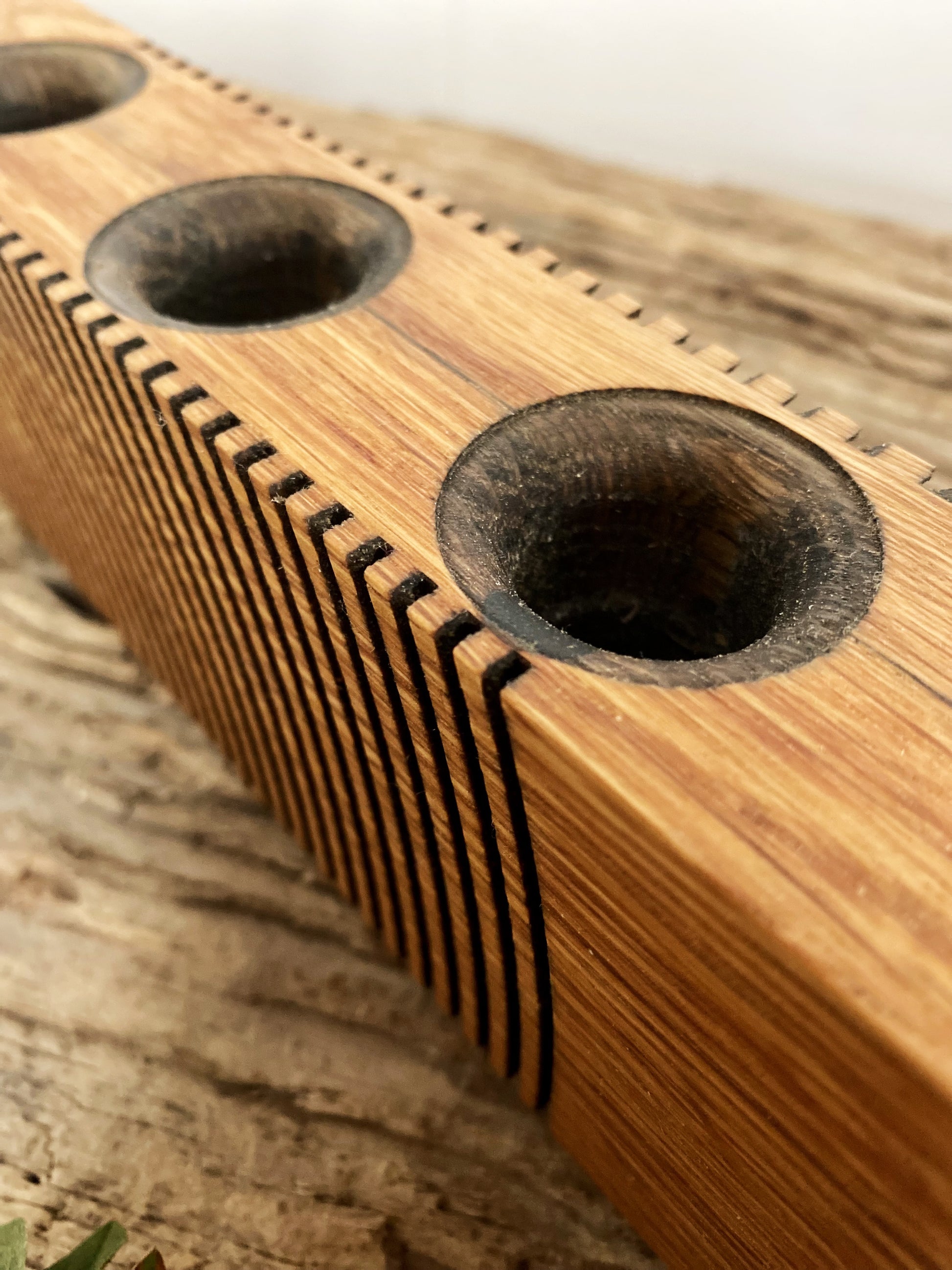 Reclaimed oak candle holder with etched geometric pattern