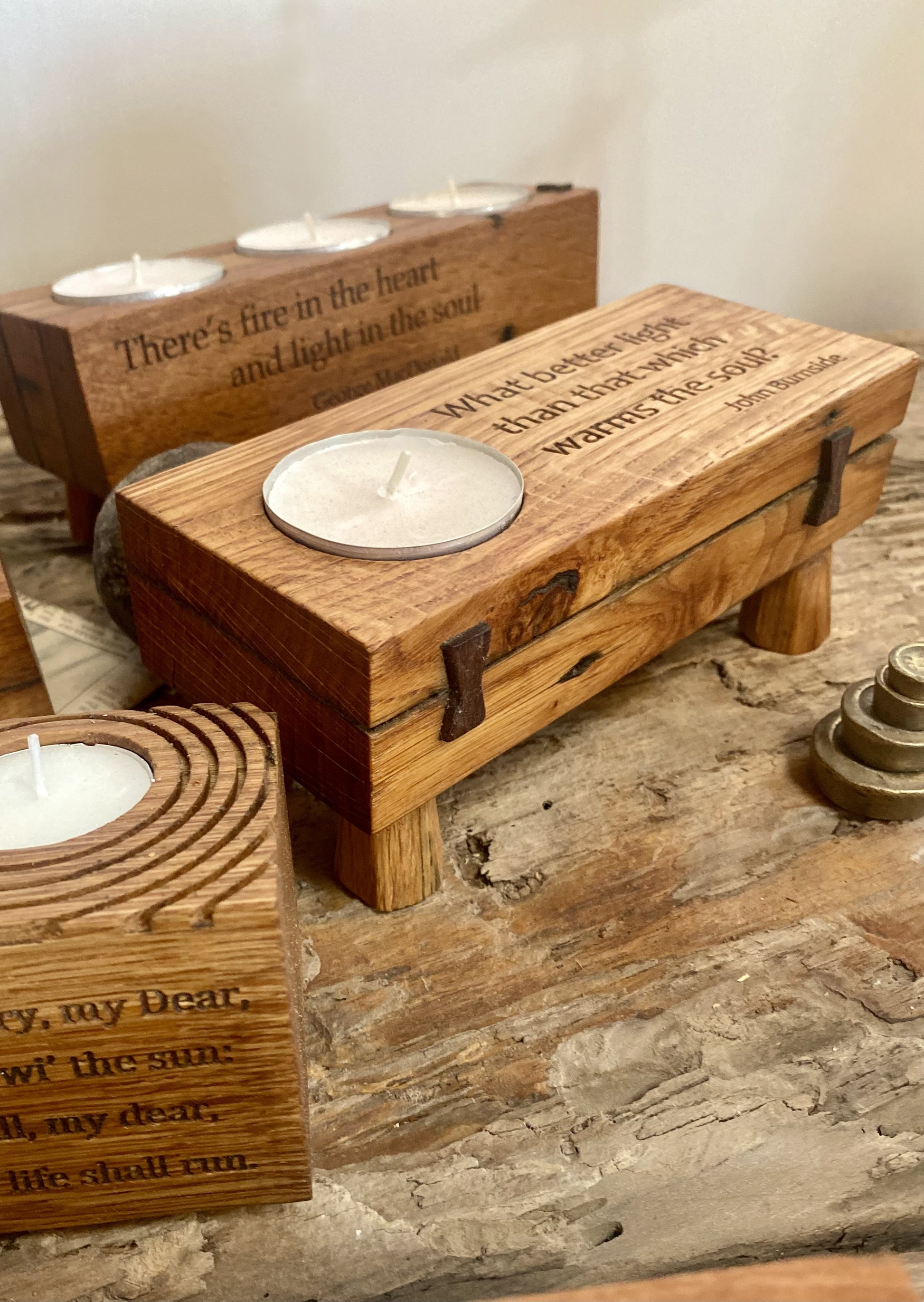 Rustic large tealight candle hold with wellbeing mediative quotation