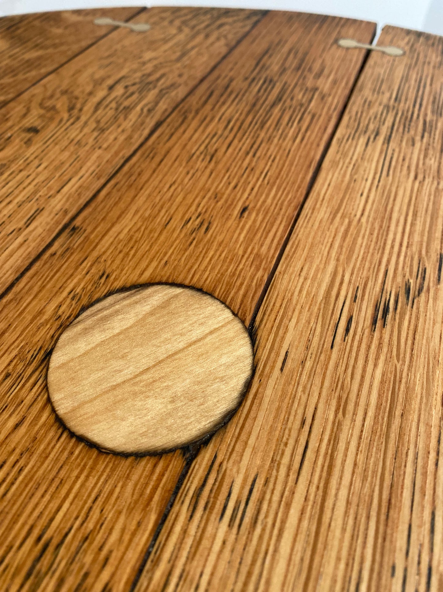 Modern rustic mid-century coffee or side table with traditional joinery and natural grain surface texture - reclaimed from oak whisky cask lid