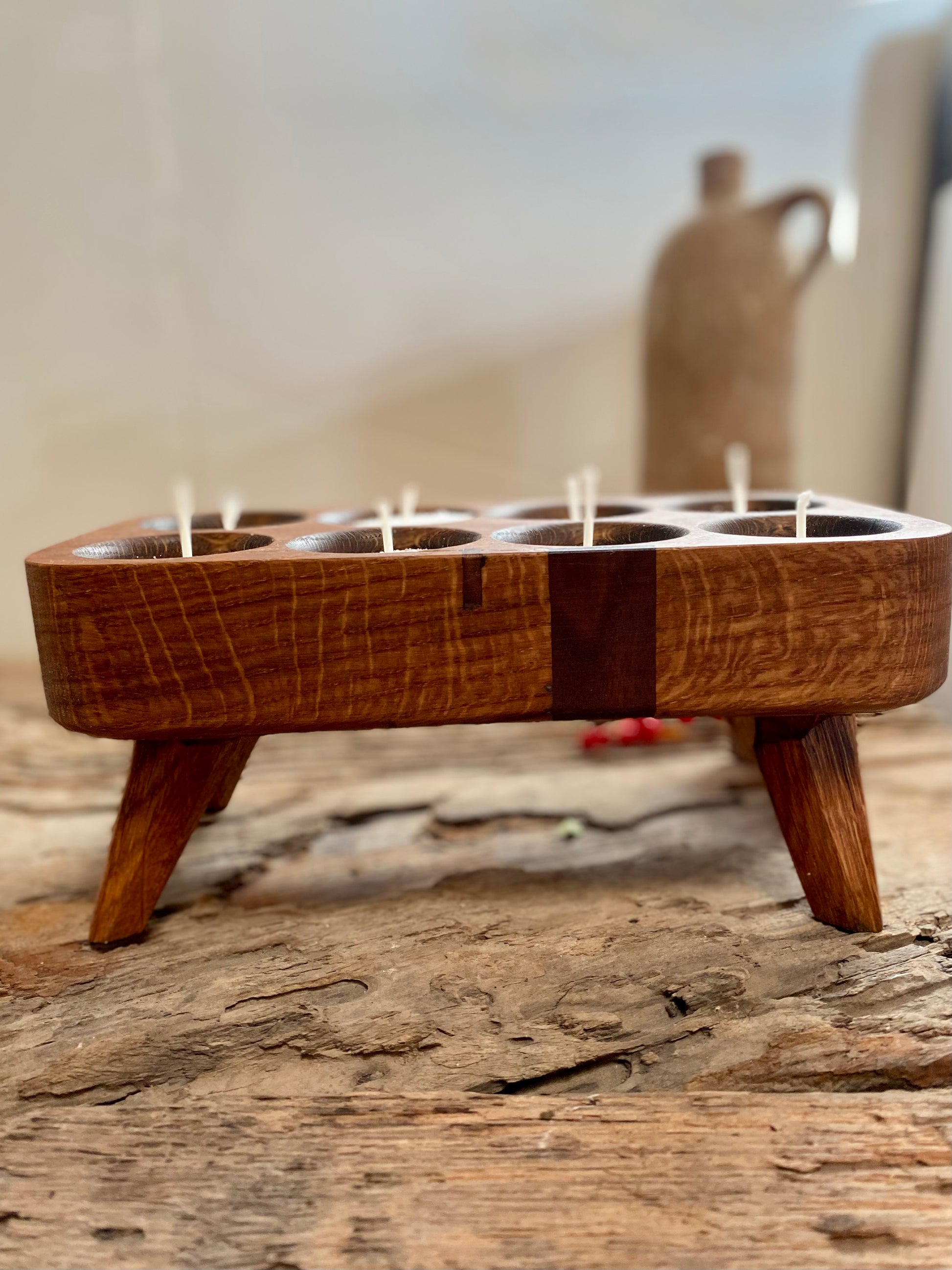 Minimalist oak candle holder with rustic repair