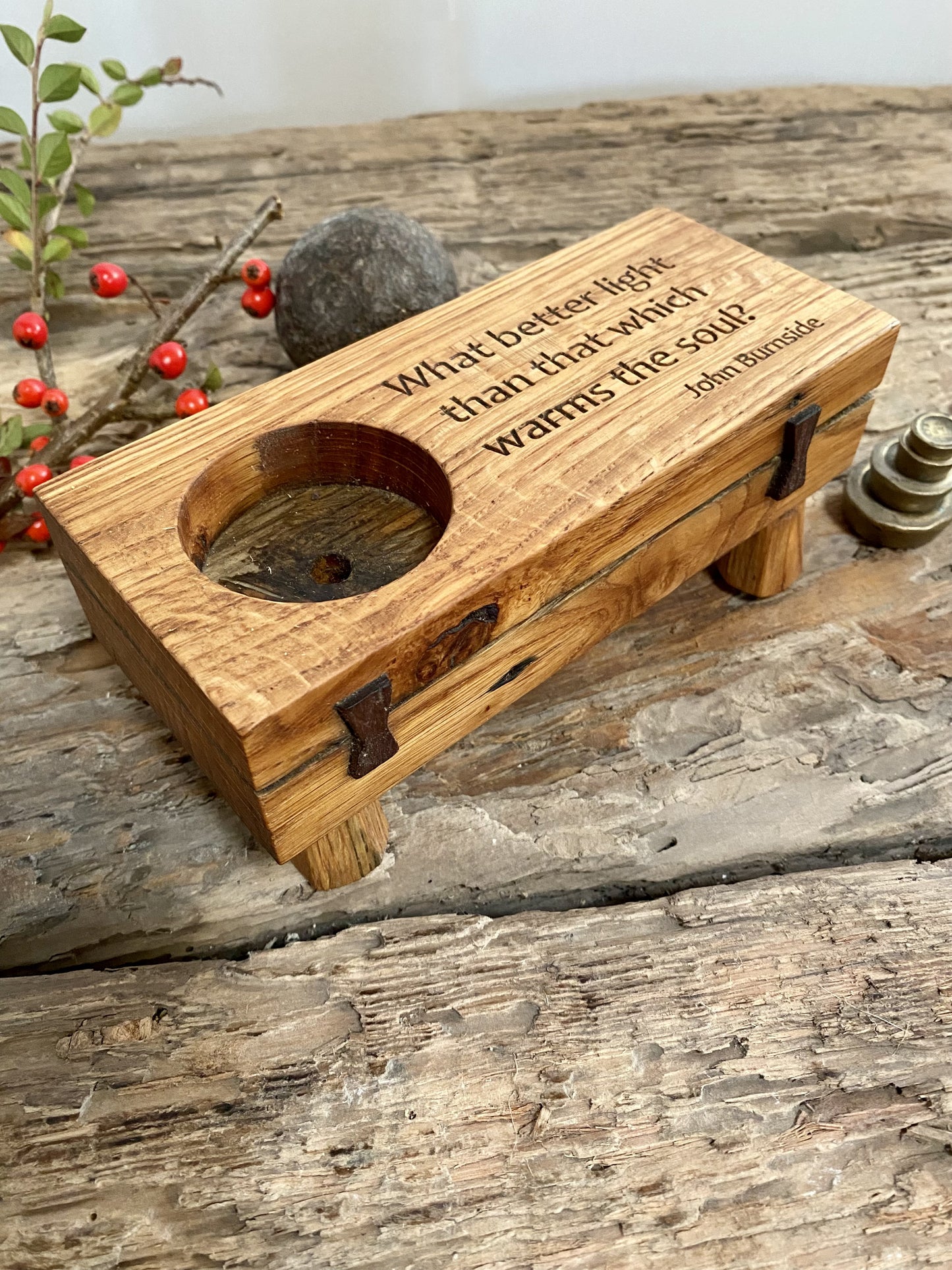 Rustic large tealight candle hold with wellbeing mediative quotation