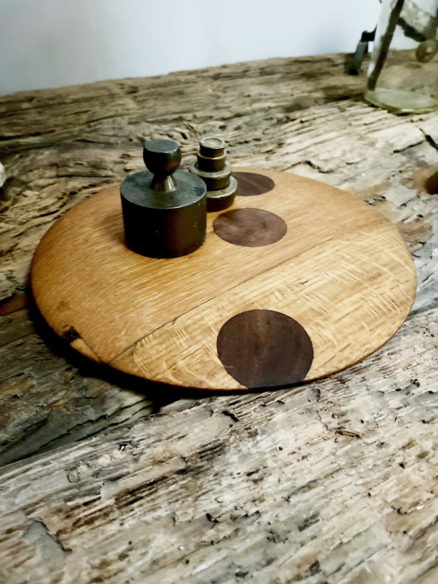 Round cutting serving tray board made with reclaimed oak with traditional walnut bowtie joinery