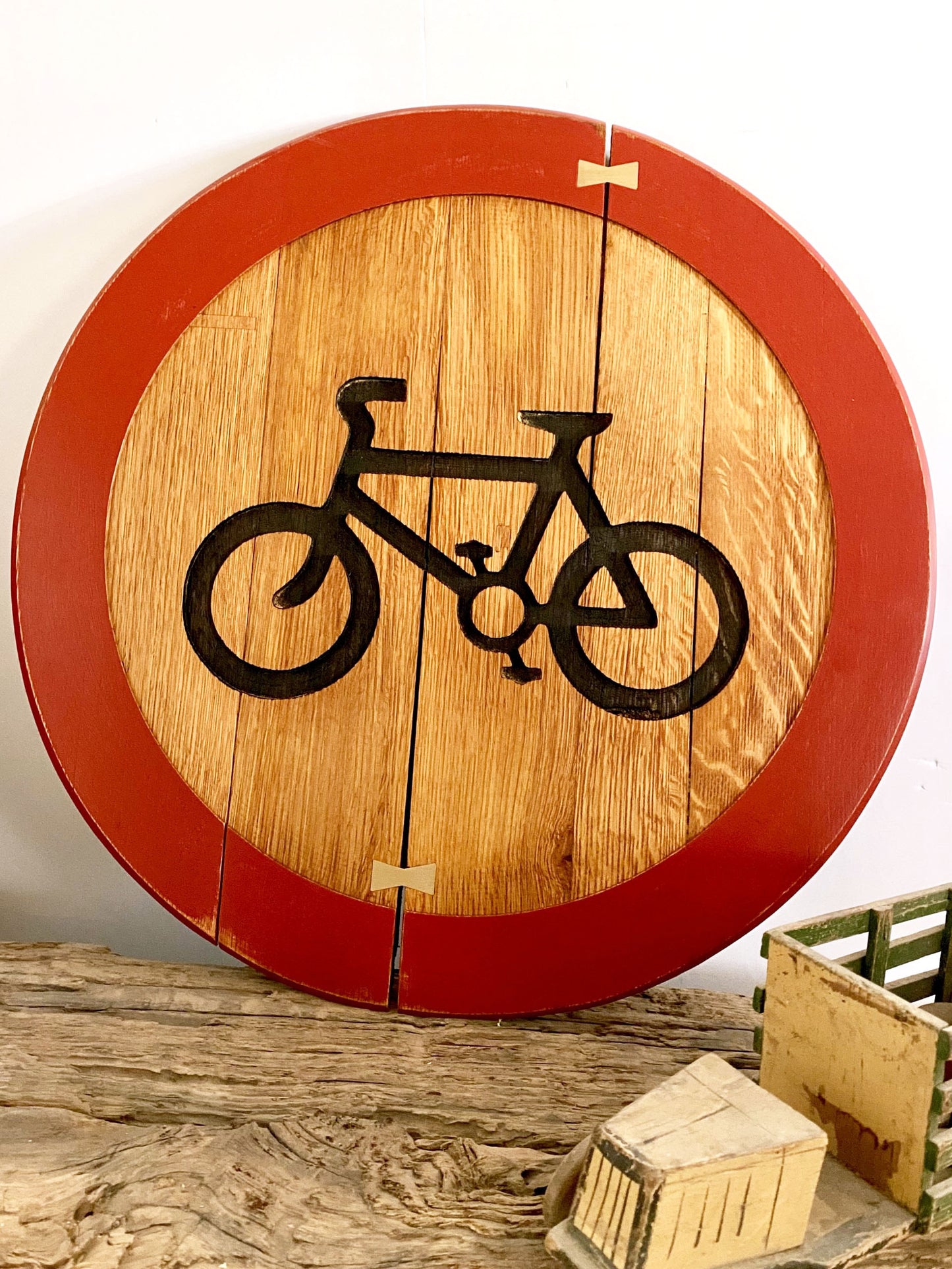Rustic Oak Bike Wall Art Road Sign - Handmade Road Sign for Cyclists