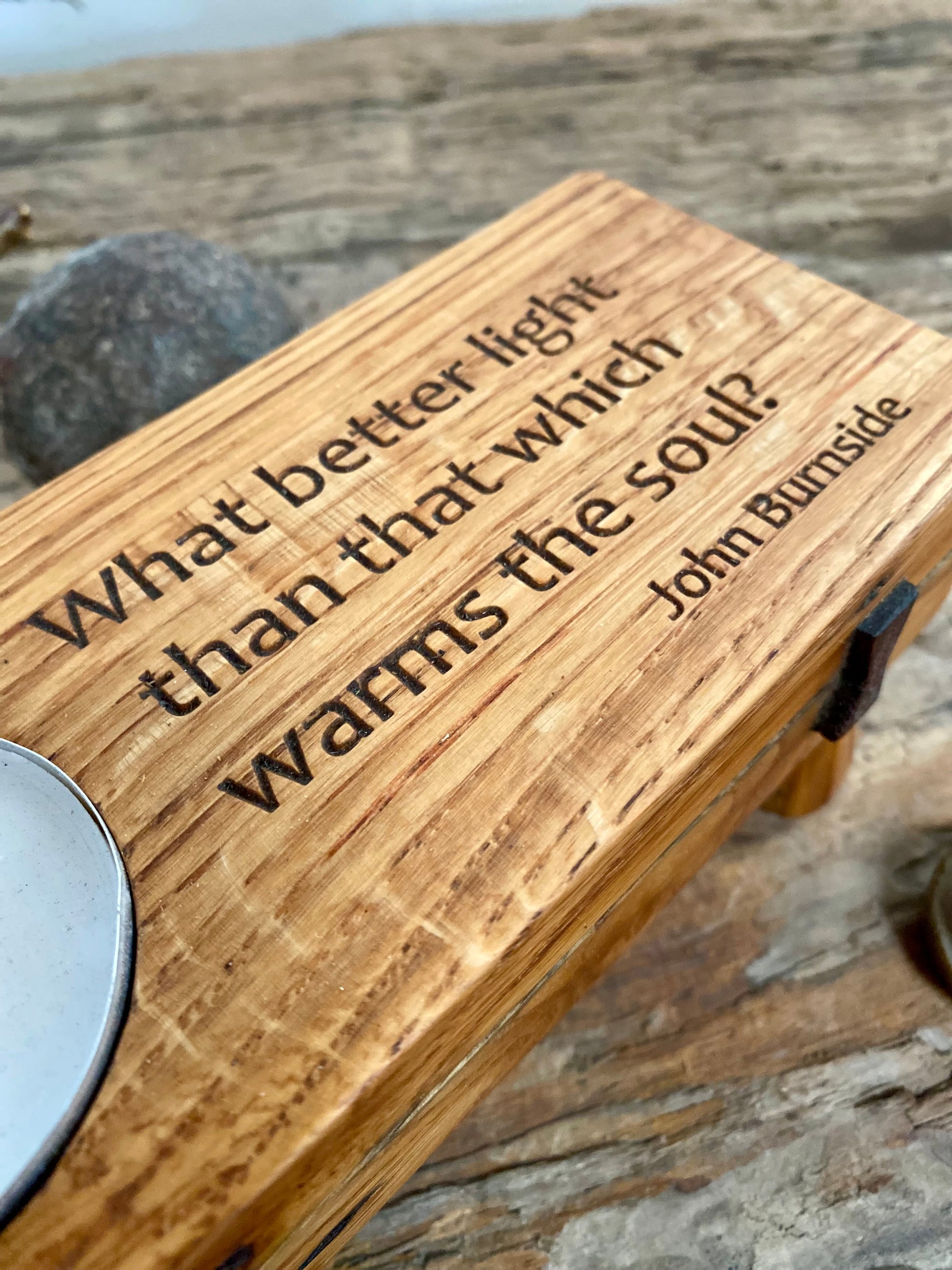 Rustic large tealight candle holder with wellbeing mediative John Burnside quotation