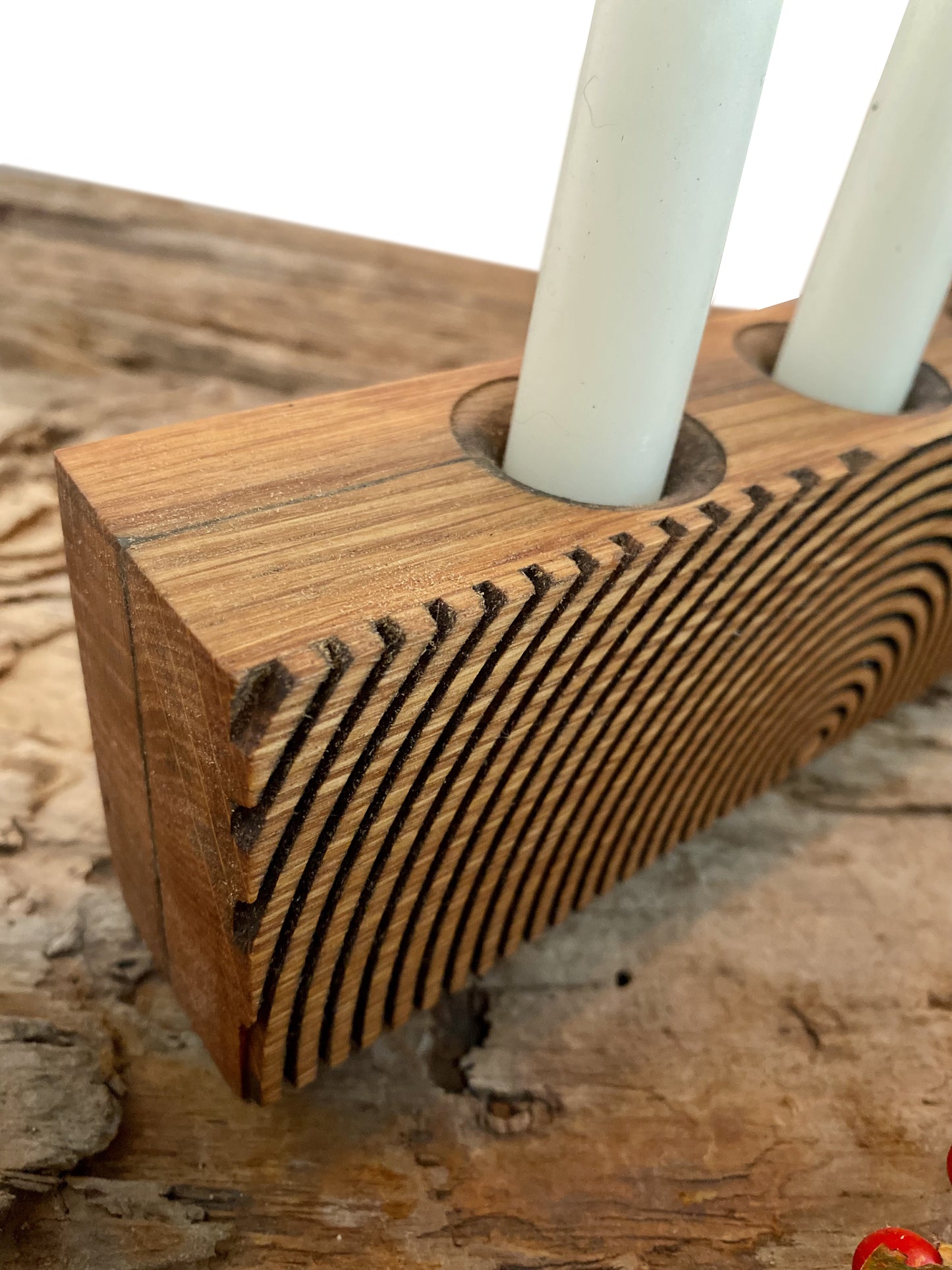 Reclaimed oak multi-wick candle holder with etched geometric pattern