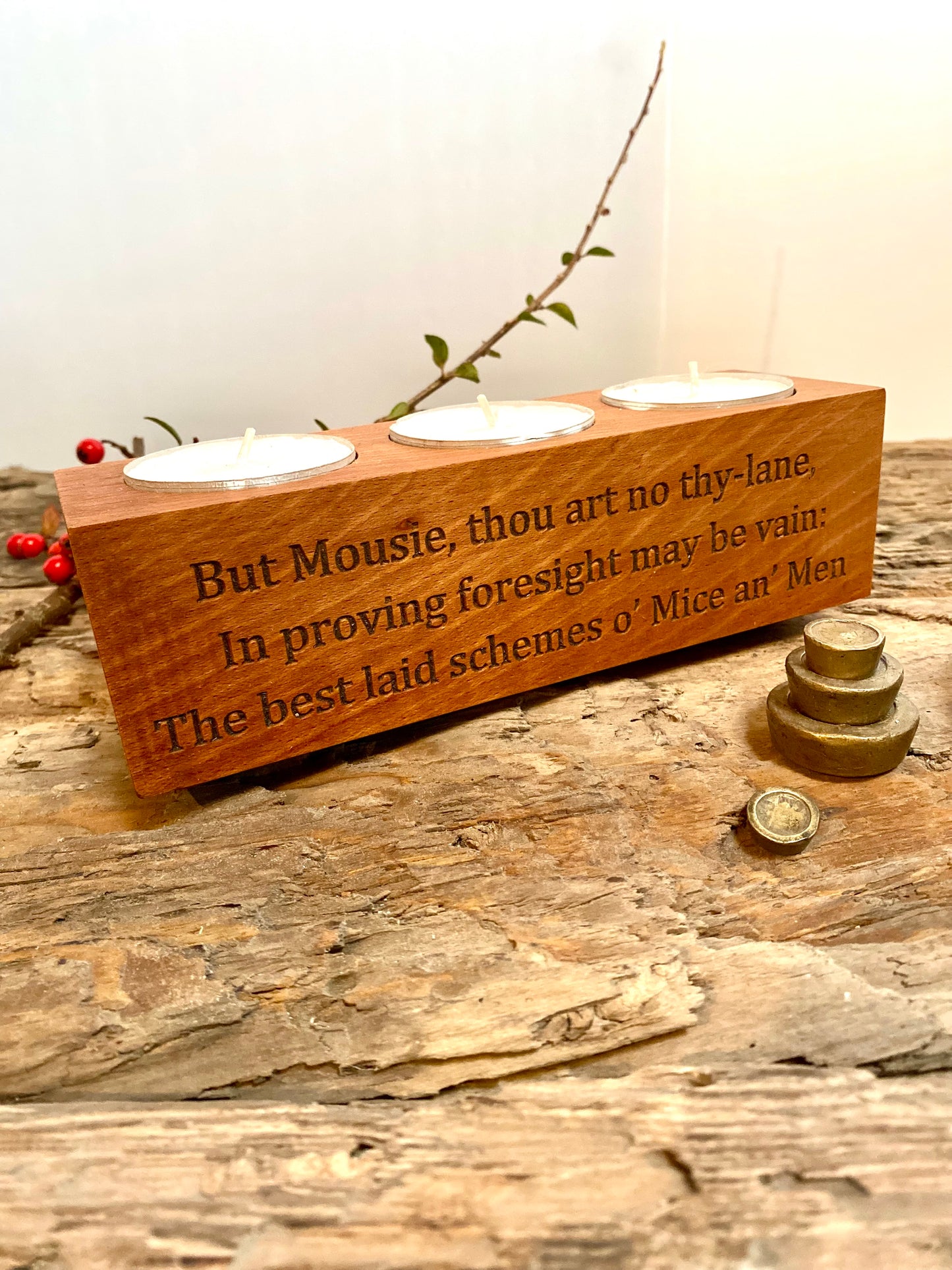 Robert Burns quotation etched into wooden tealight candle holder