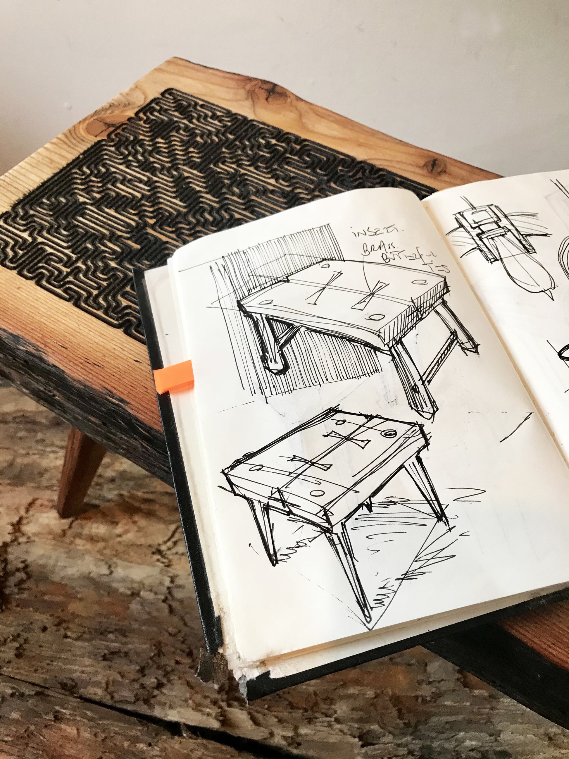 Sketch of modern rustic design with a maze on its tabletop