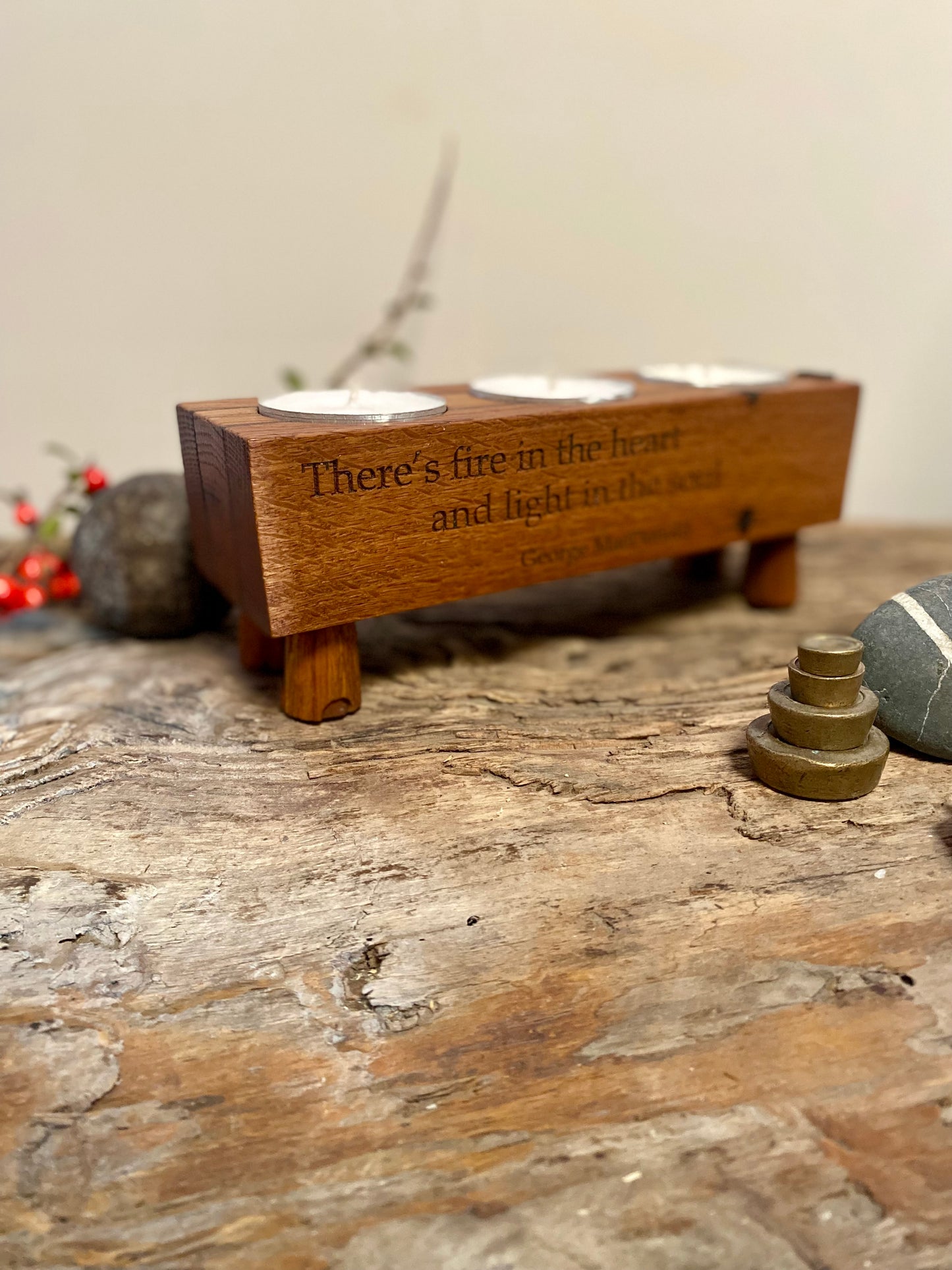 Centre piece tealight candle holder with engraved poem my George MacDonald