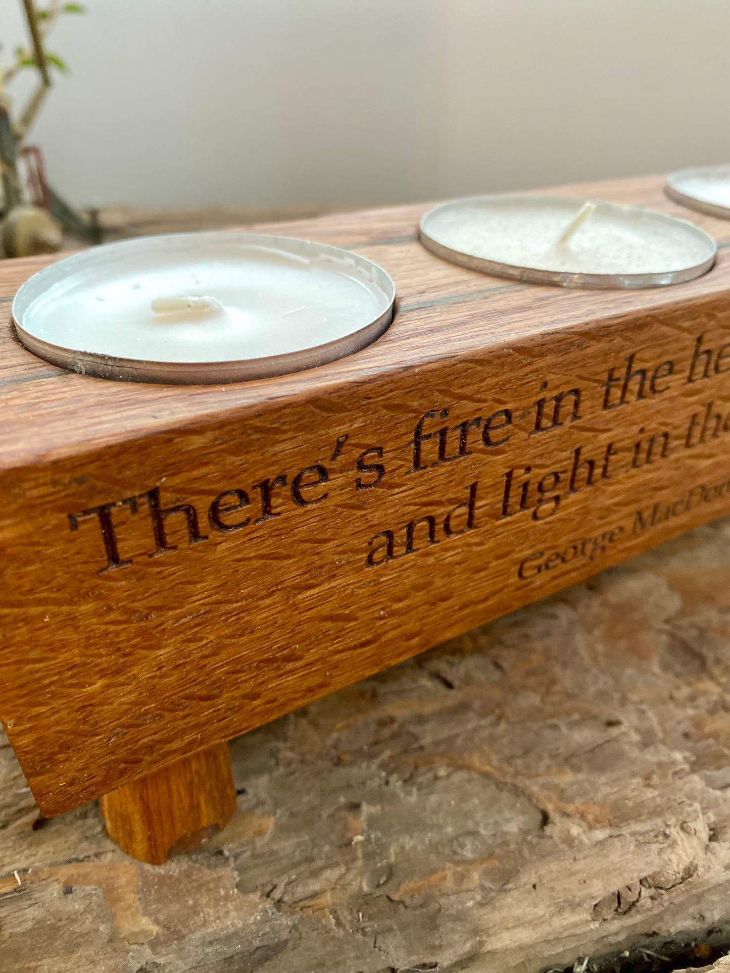 Centre piece tealight candle holder with engraved poem my George MacDonald