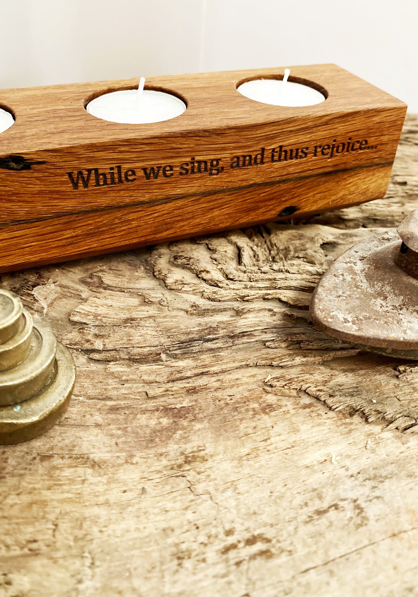 Reclaimed wood candle holder with quotation