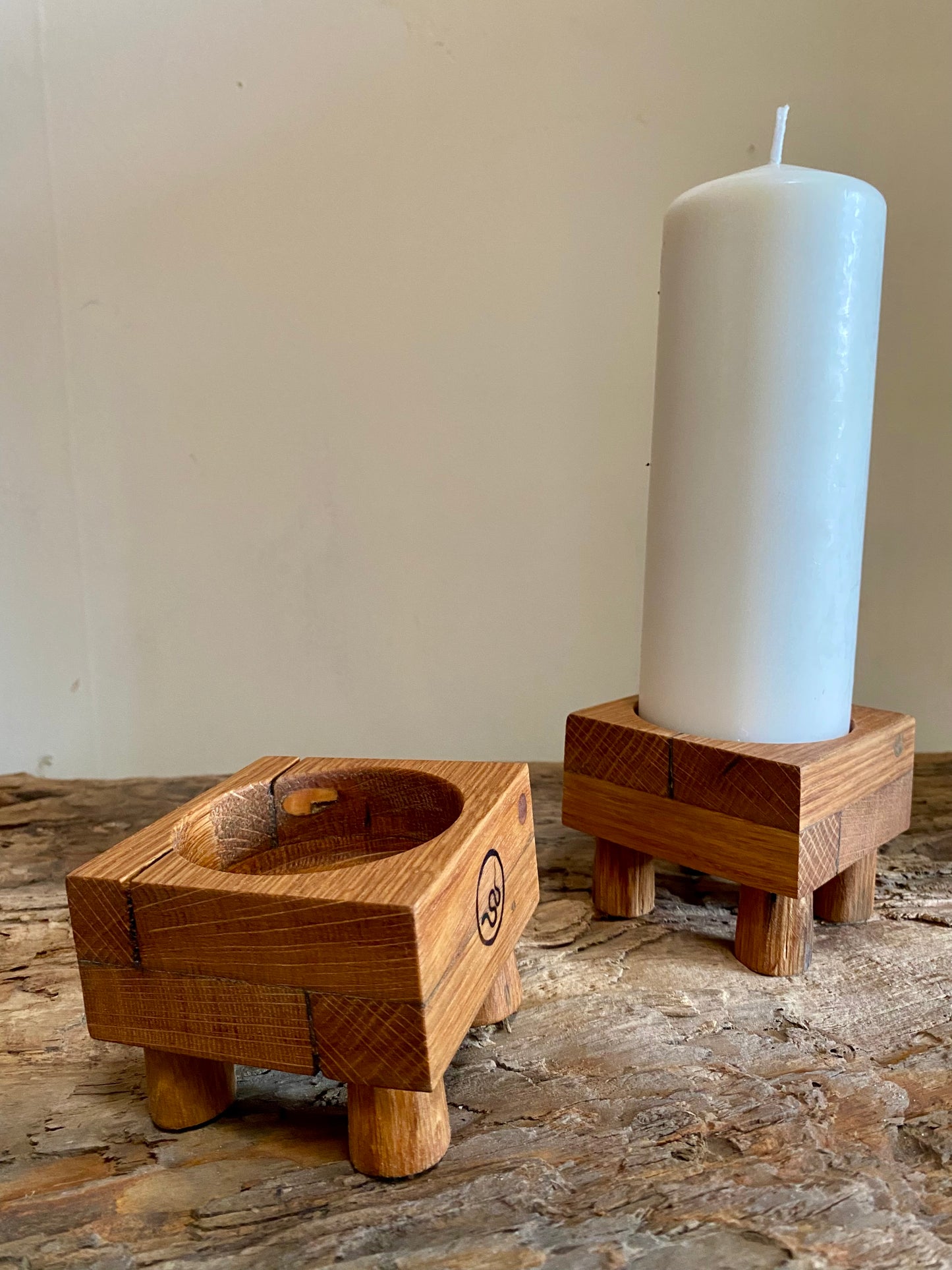 Rustic Oak Candle Holder and 'Church' Candle