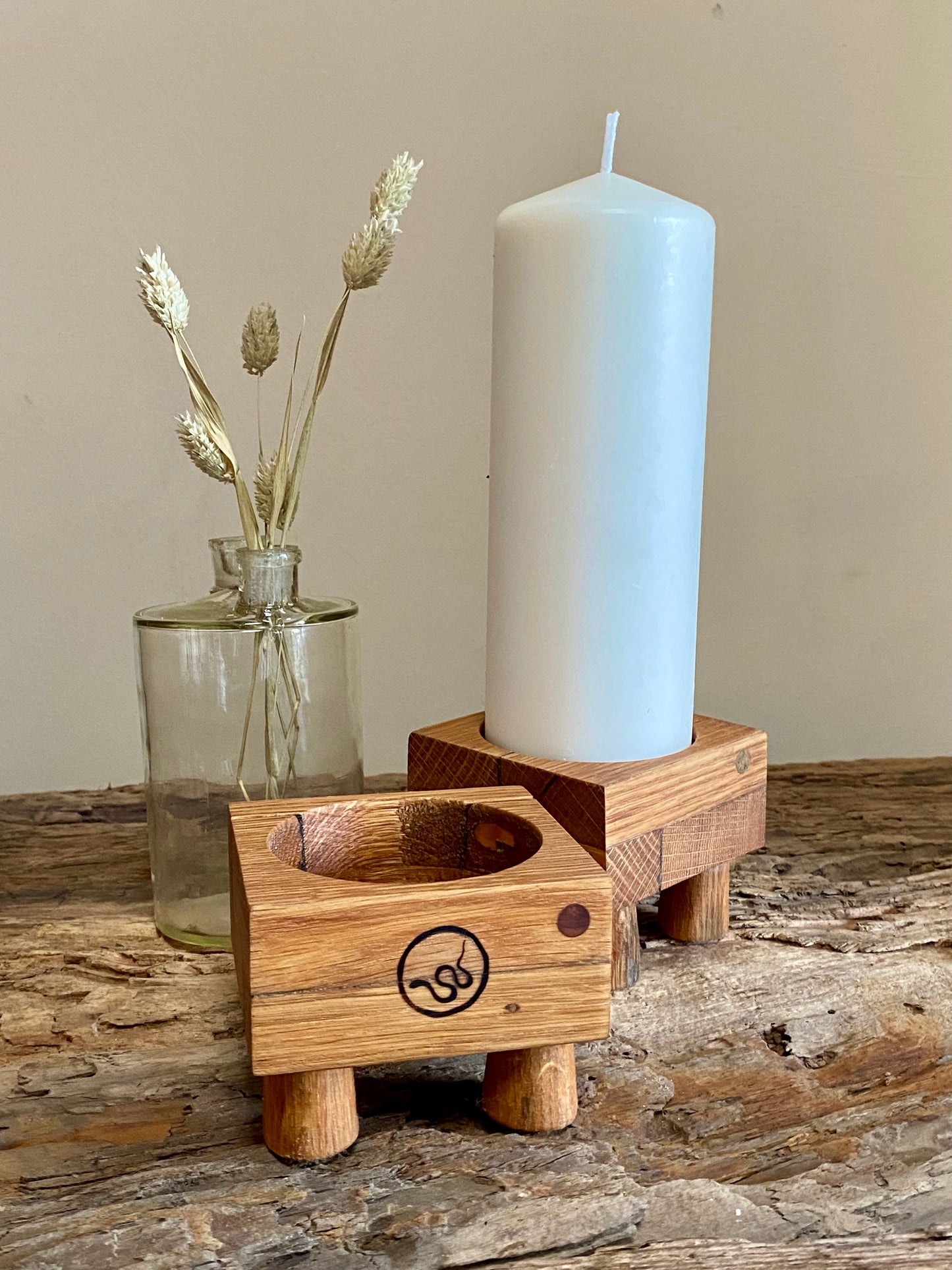 Rustic Oak Candle Holder and 'Church' Candle