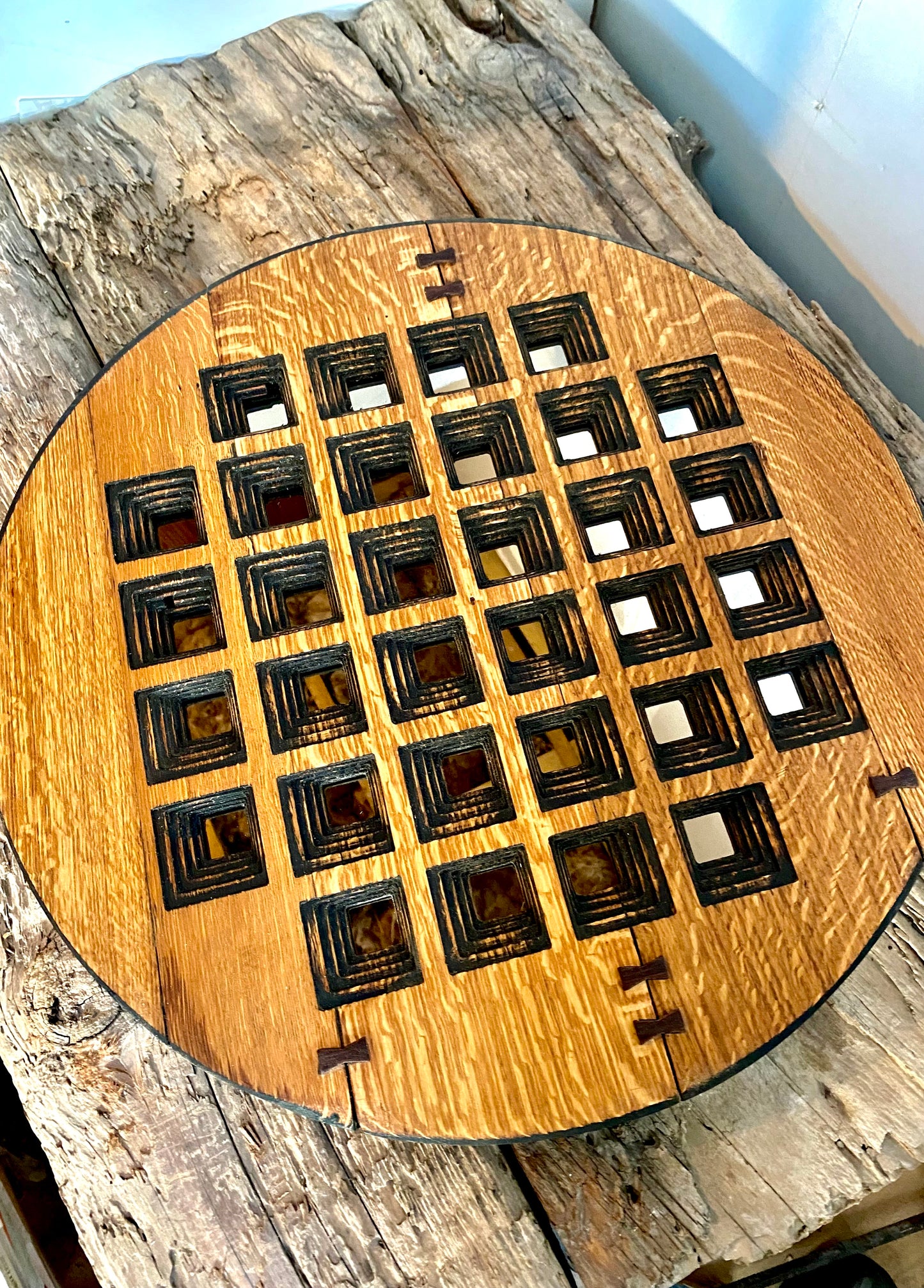 Oak Pixellated Round Wall Art Mirror