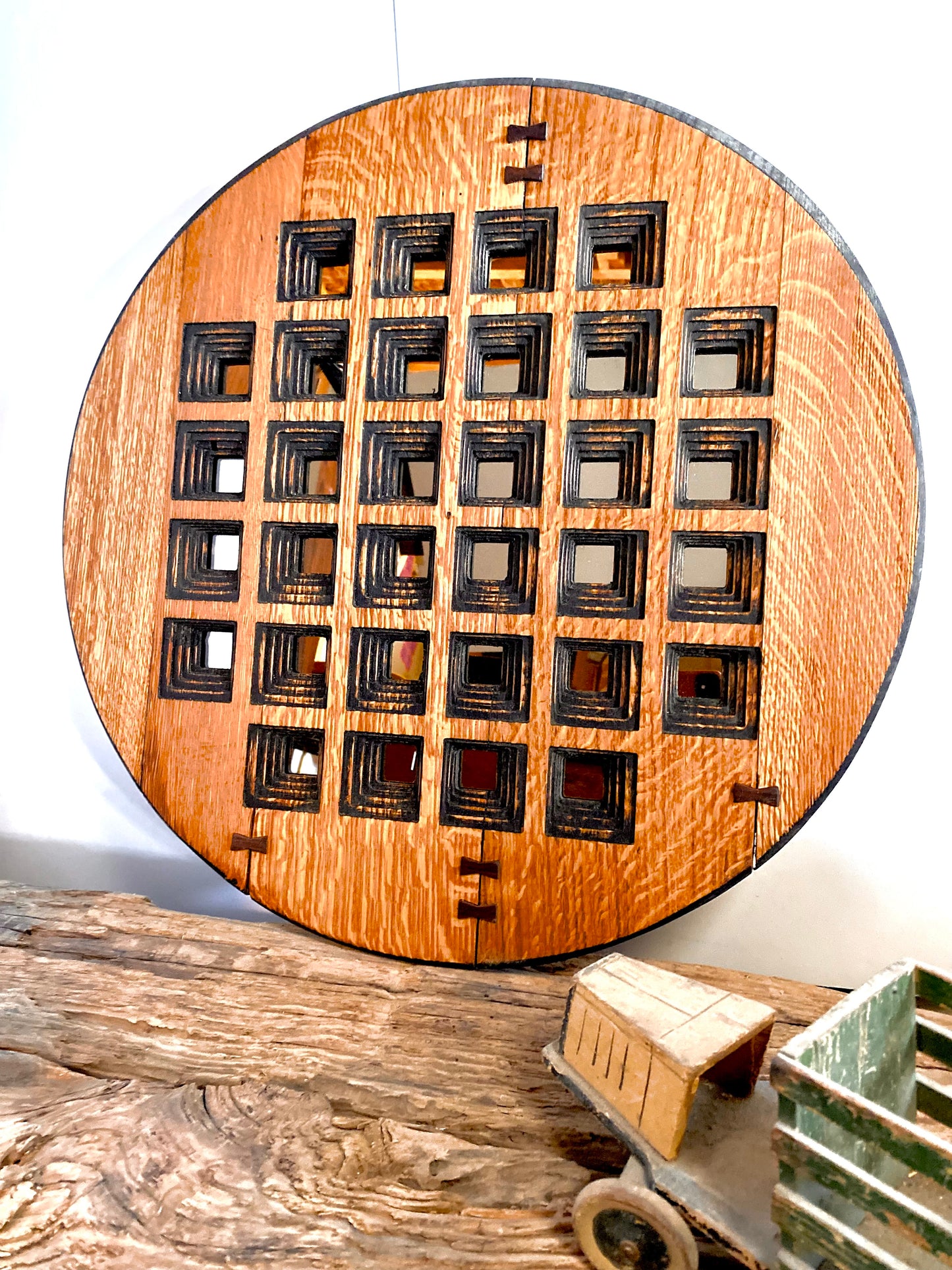 Oak Pixellated Round Wall Art Mirror