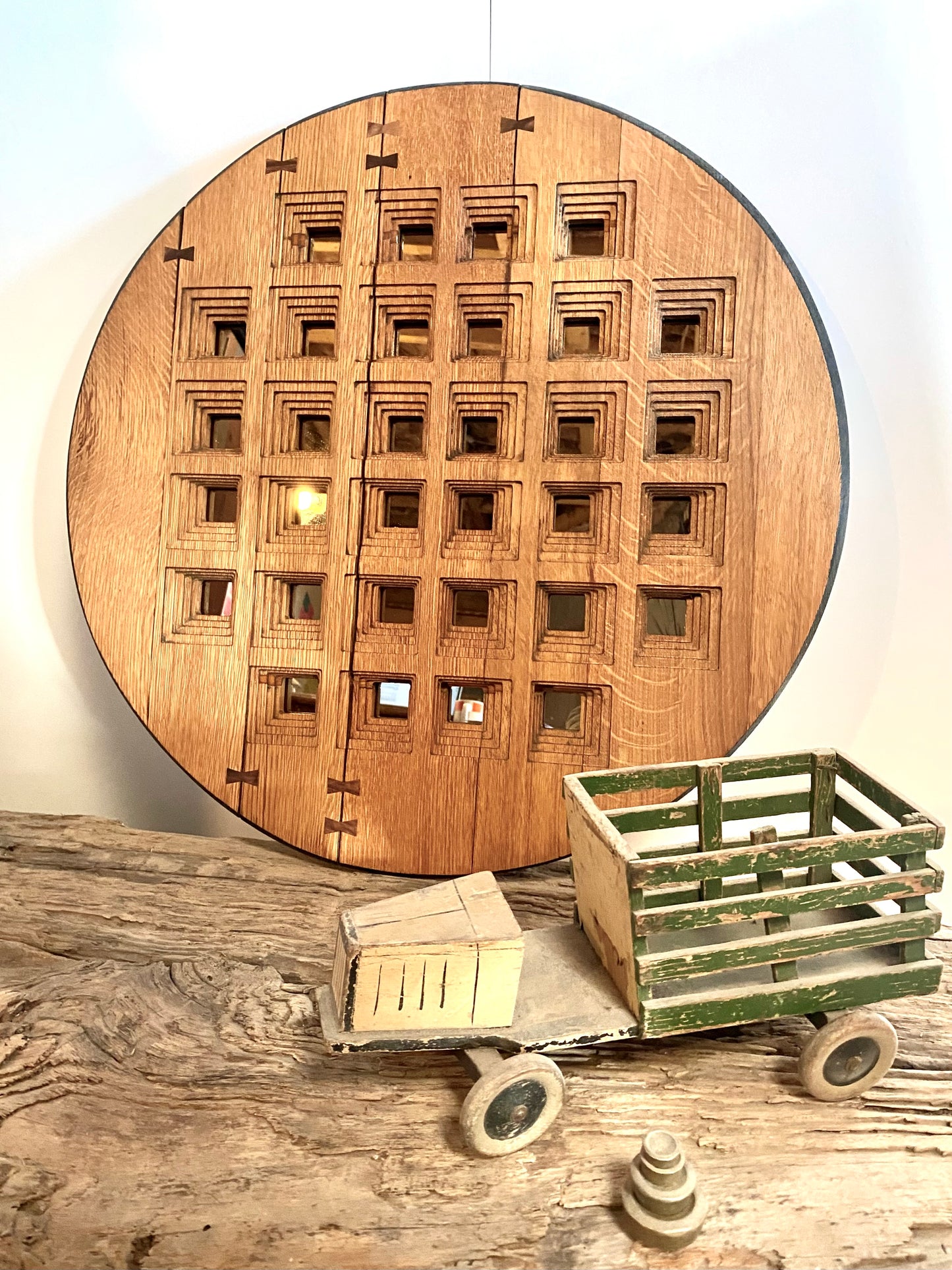 Oak Pixellated Round Wall Art Mirror