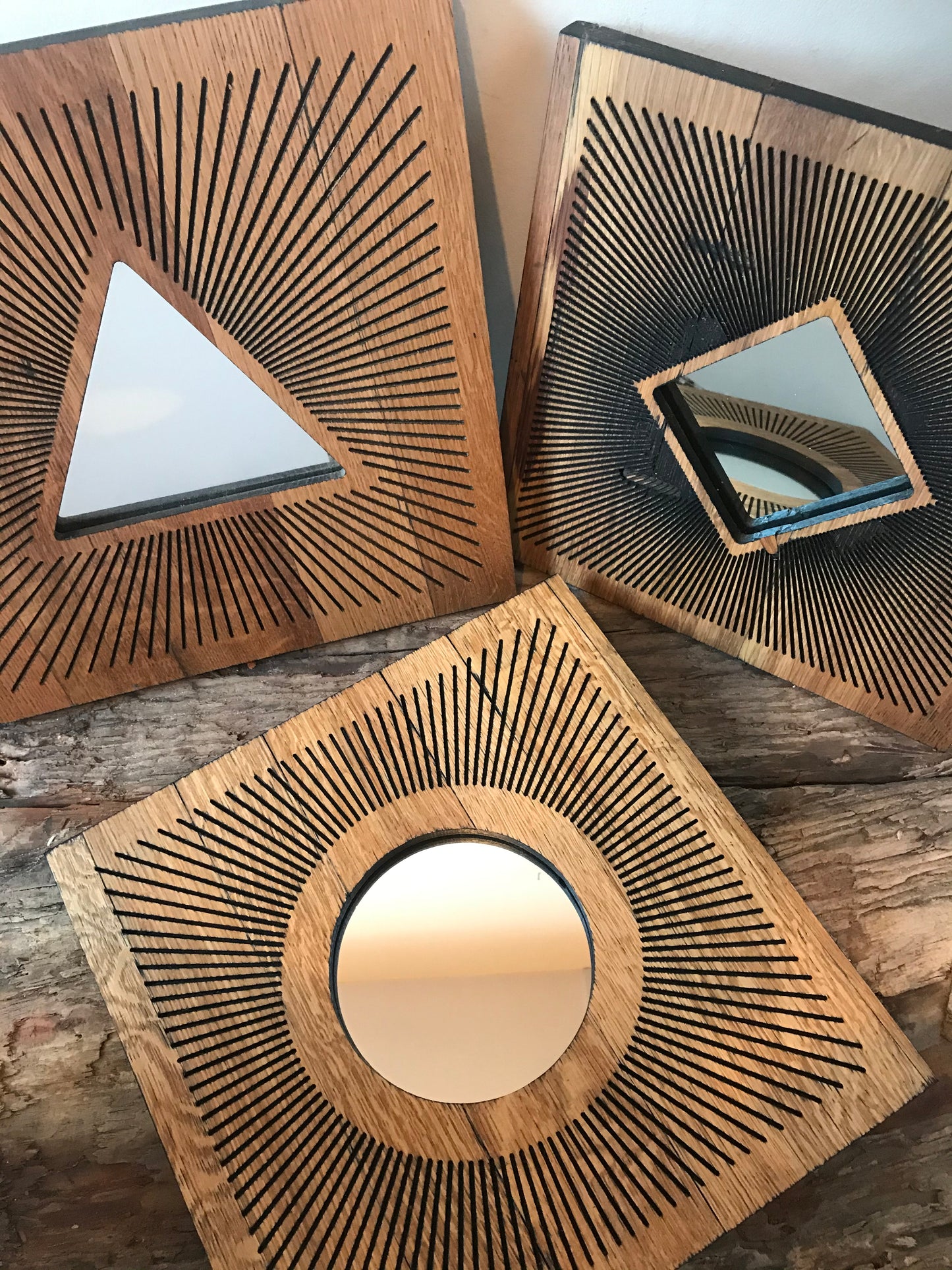 Reclaimed Oak Statement Wall Mirror - Round Starburst