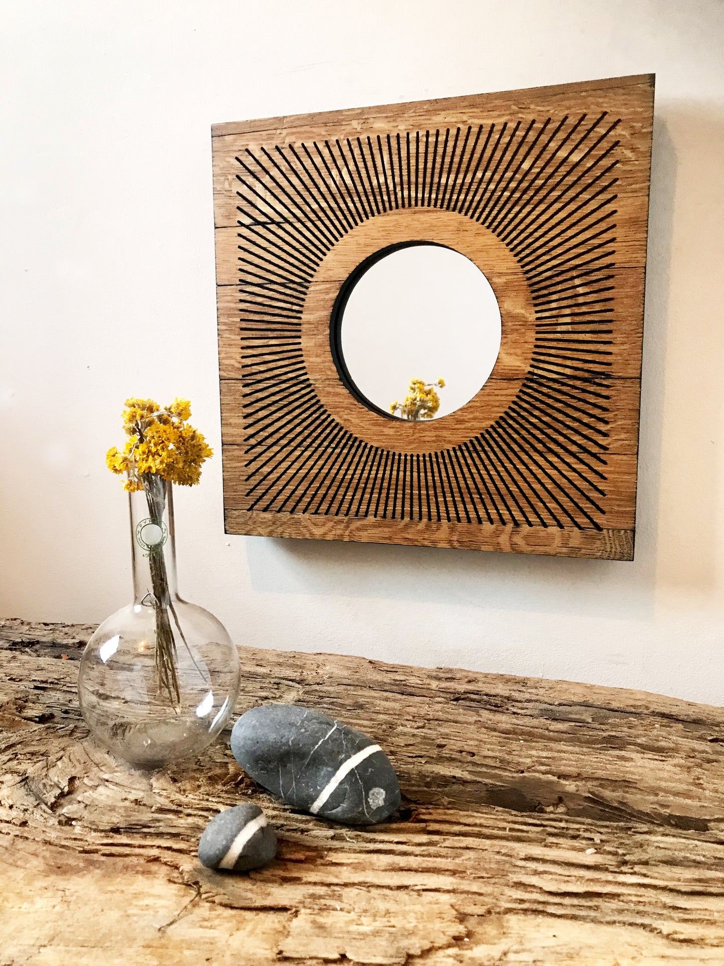 Reclaimed Oak Statement Wall Mirror - Round Starburst