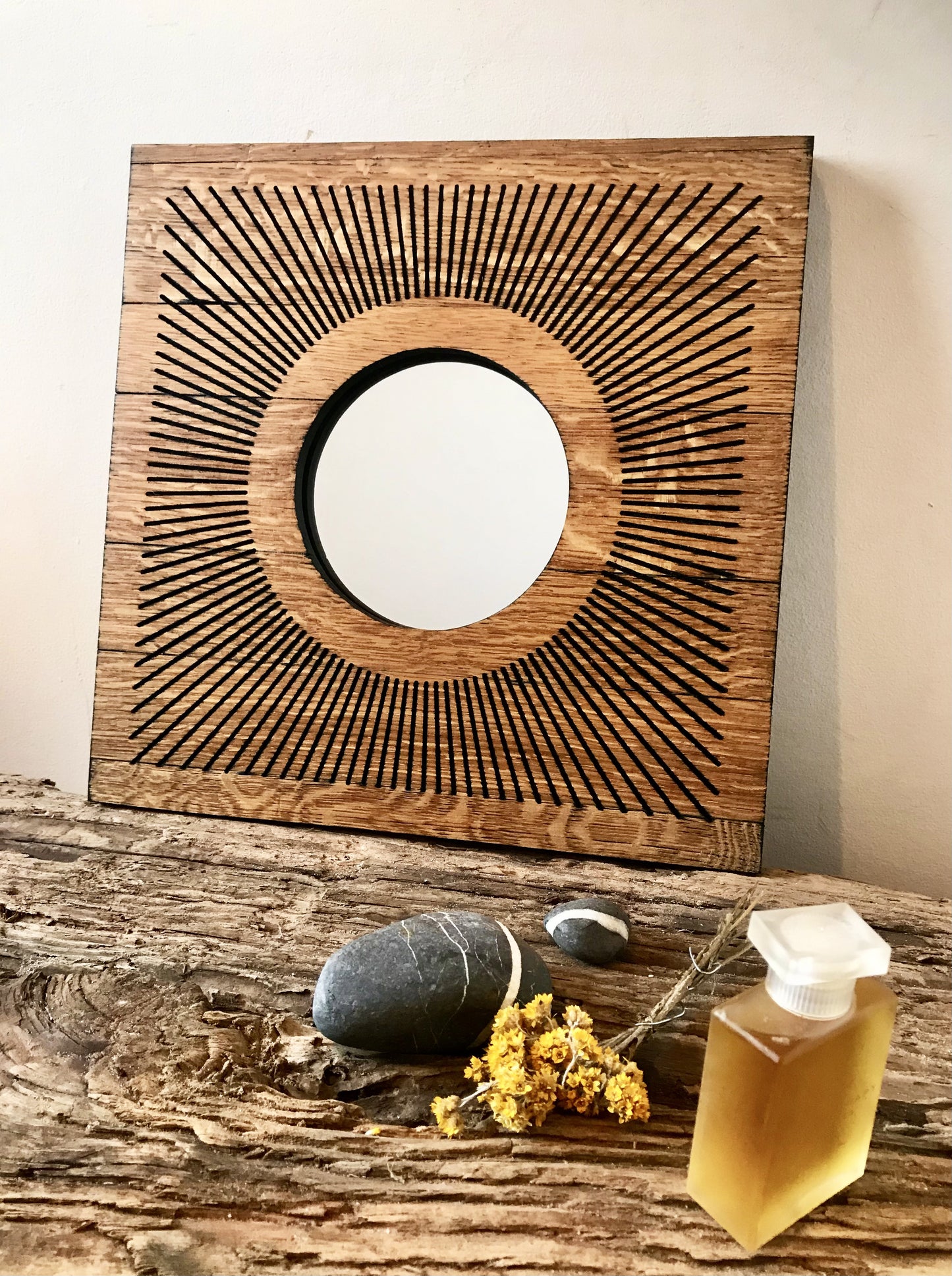 Reclaimed Oak Statement Wall Mirror - Round Starburst