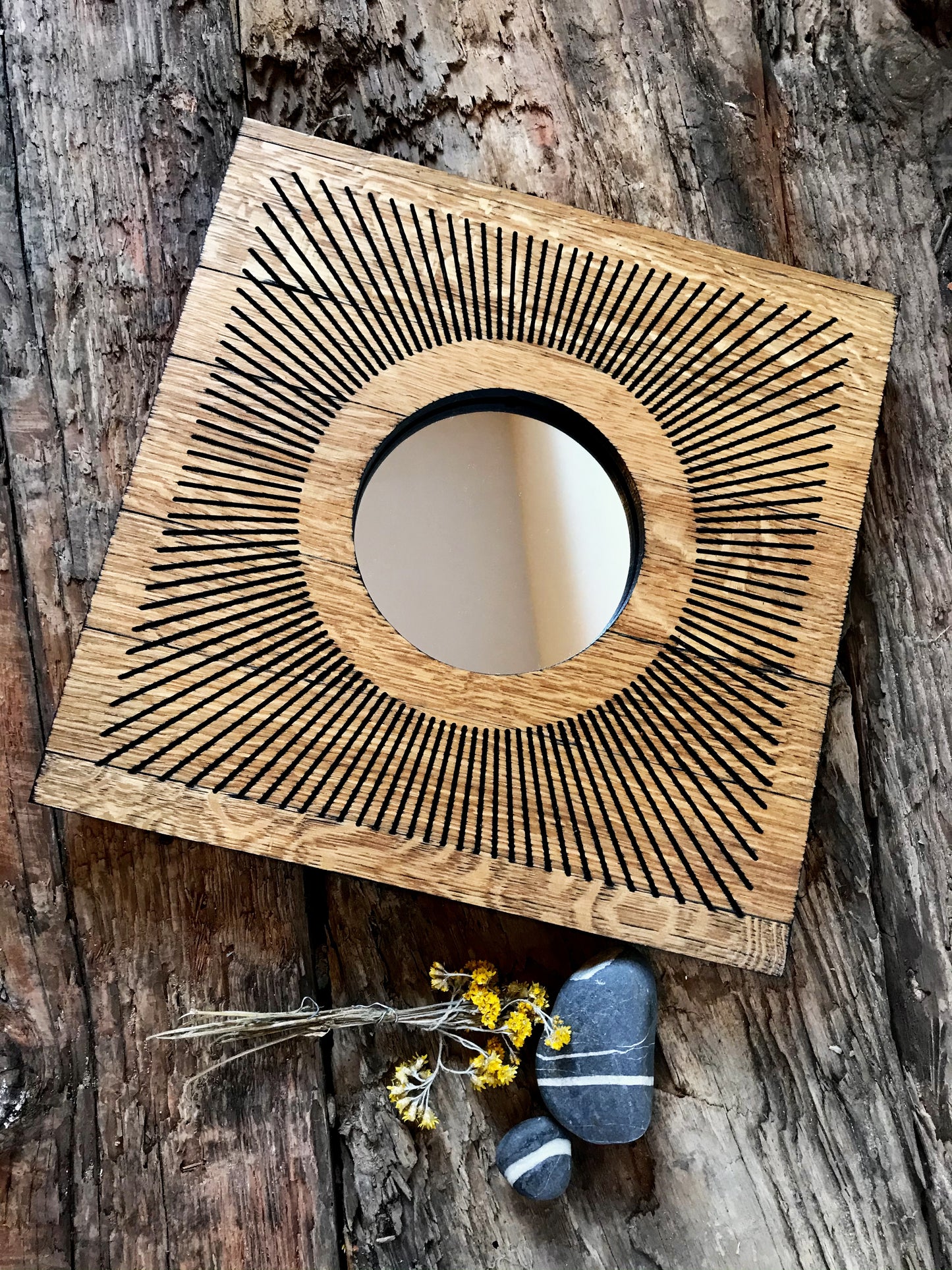 Reclaimed Oak Statement Wall Mirror - Round Starburst