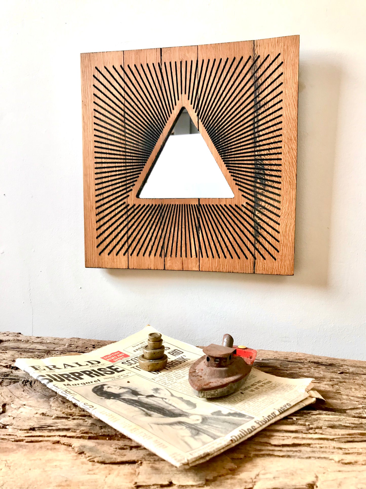 Reclaimed Oak Statement Wall Mirror - Triangle Starburst