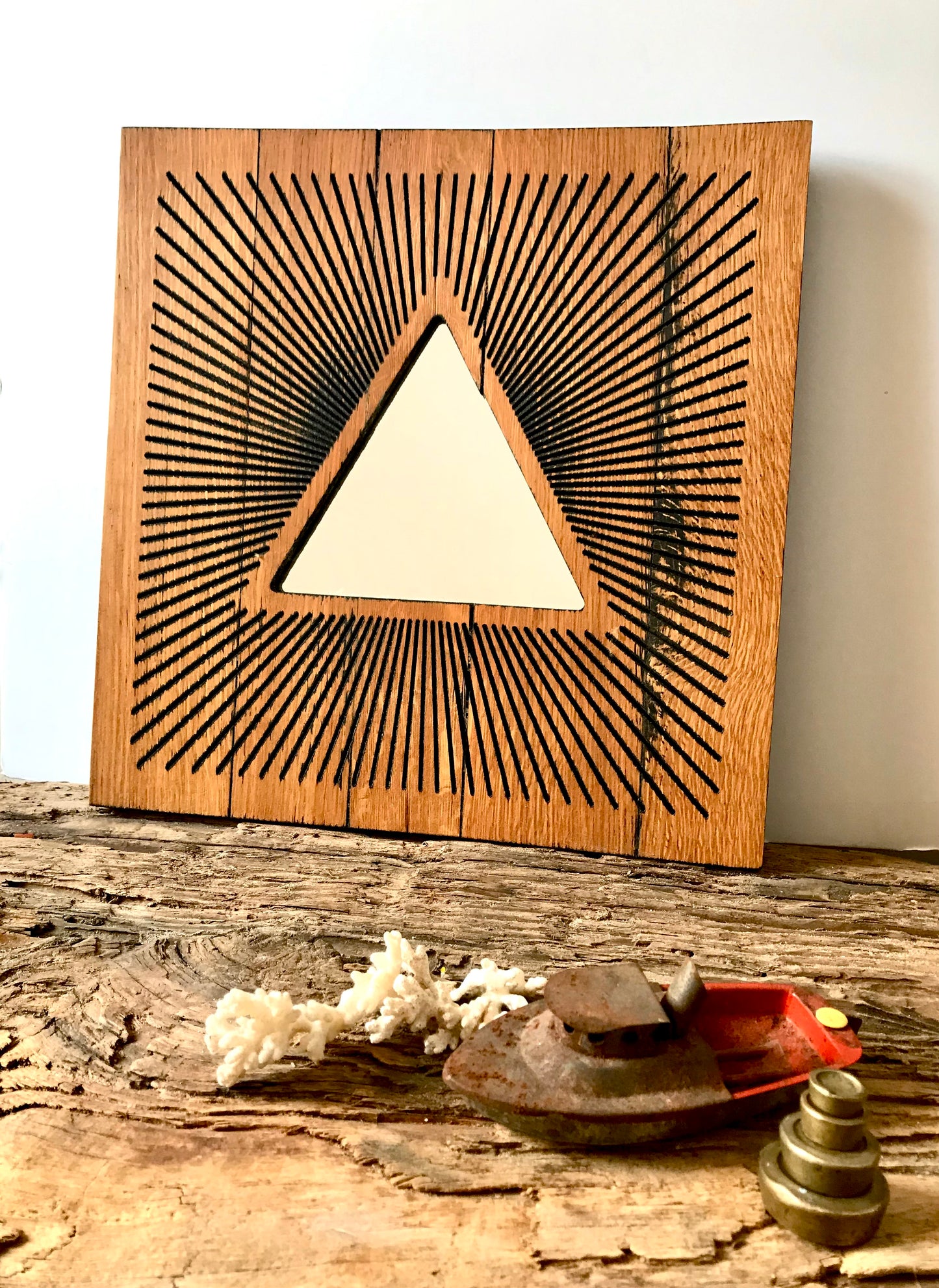 Reclaimed Oak Statement Wall Mirror - Triangle Starburst