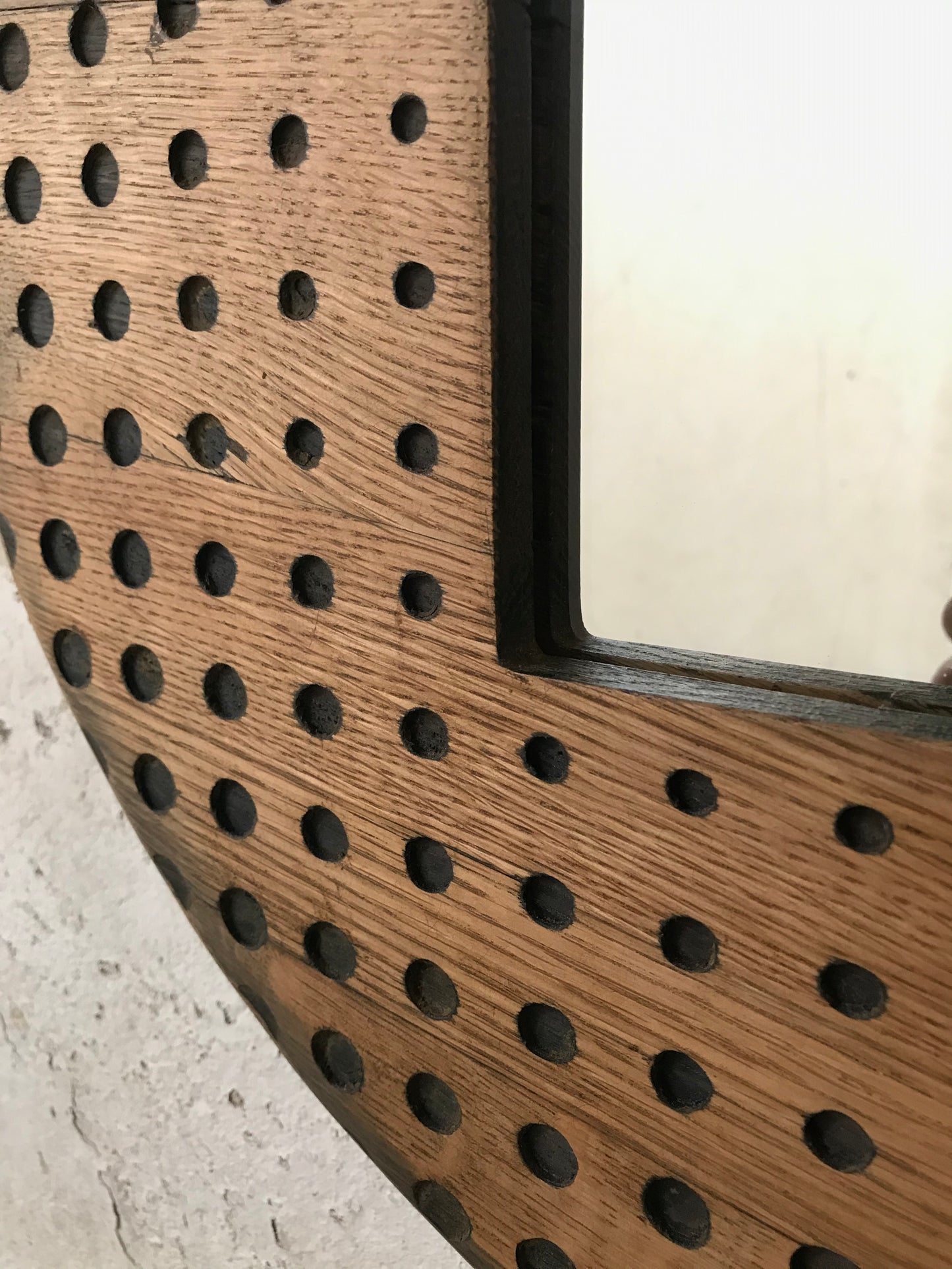 Round Solid Oak Rustic Wall Mirror - Dots