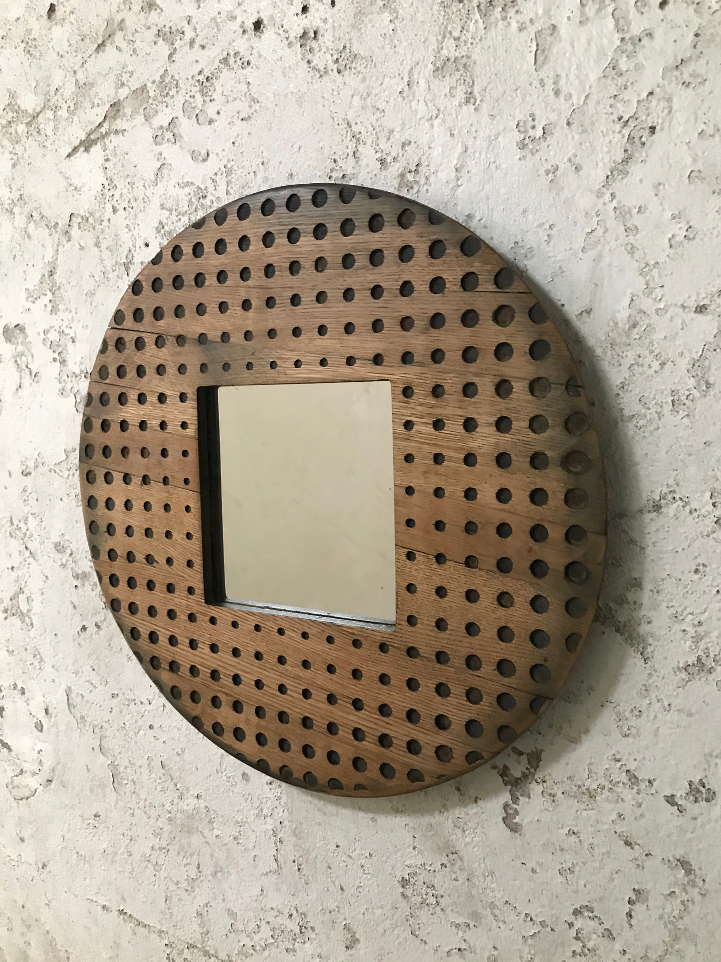 Round Solid Oak Rustic Wall Mirror - Dots